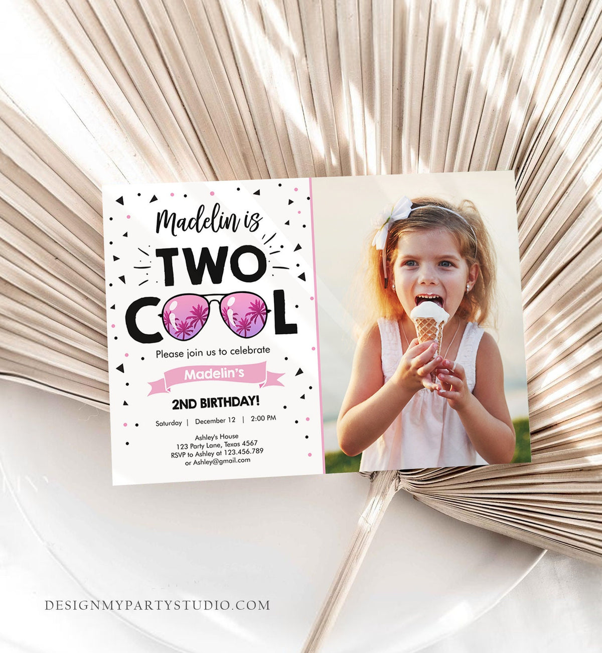 Editable Two Cool Birthday Invitation Girl Second Birthday Party 2nd I&#39;m this Many I&#39;m Two Cool Sunglasses Printable Corjl Template 0136