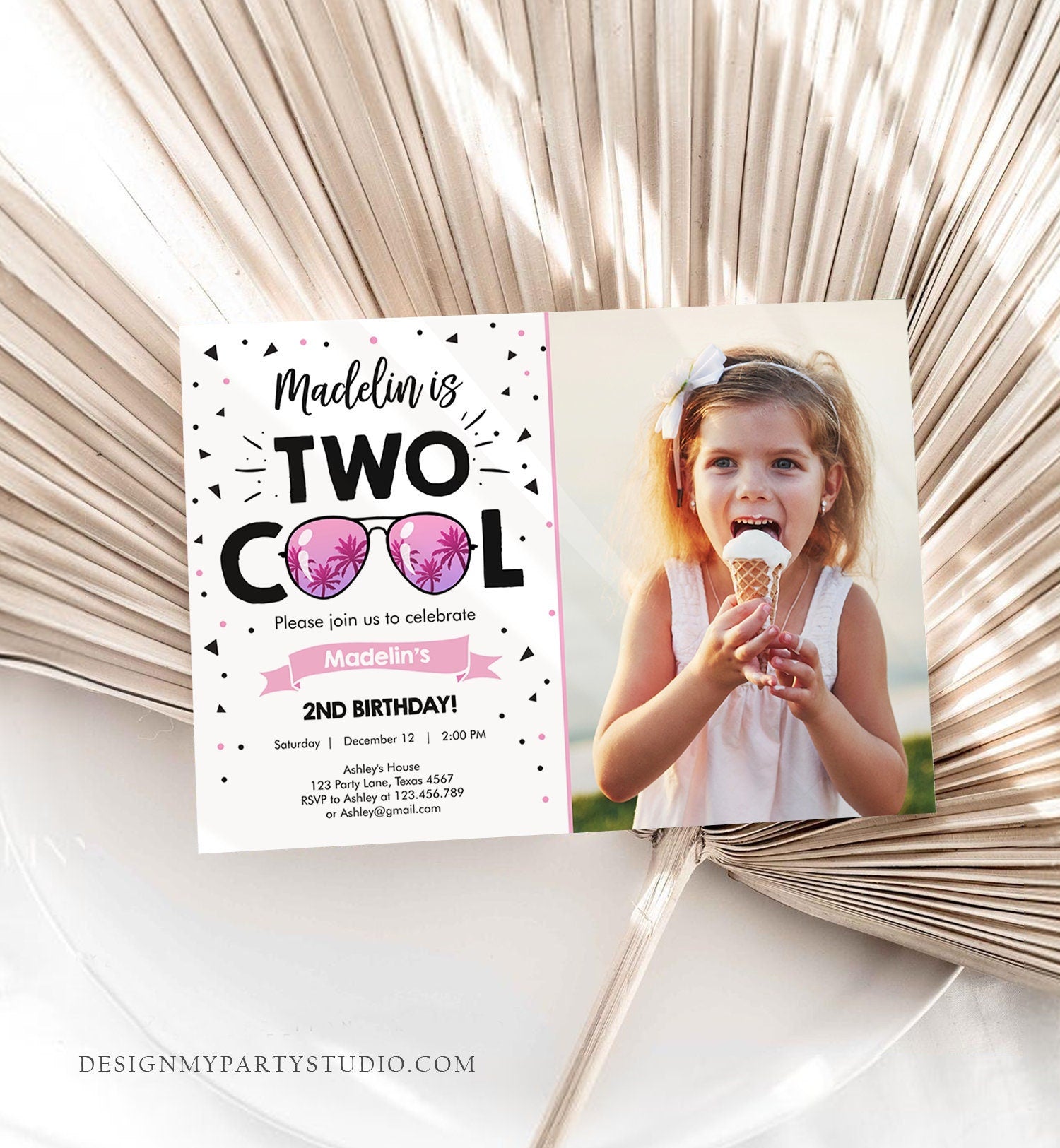 Editable Two Cool Birthday Invitation Girl Second Birthday Party 2nd I'm this Many I'm Two Cool Sunglasses Printable Corjl Template 0136