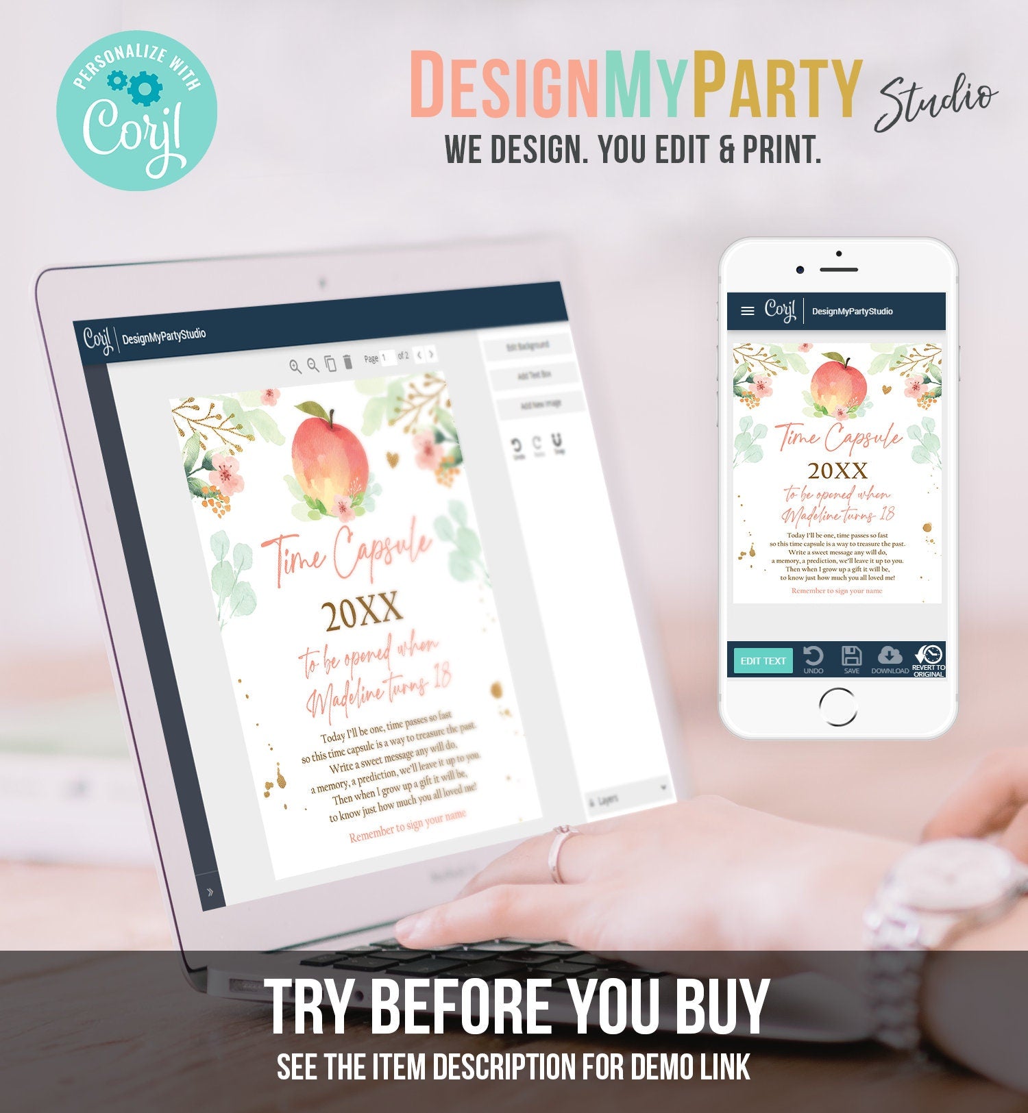Editable Peach Birthday Time Capsule Peach First Birthday Party Girl Pink Floral One Sweet Peach Guestbook Digital Template Printable 0401