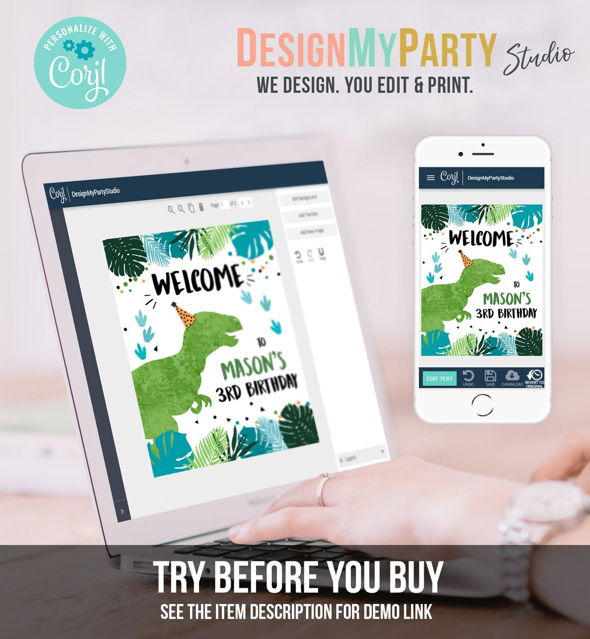 Editable Dinosaur Welcome Sign Boy Green Blue Dino Dig Party TRex Dinosaur Birthday Sign Table Sign Digital Download Template PRINTABLE 0389