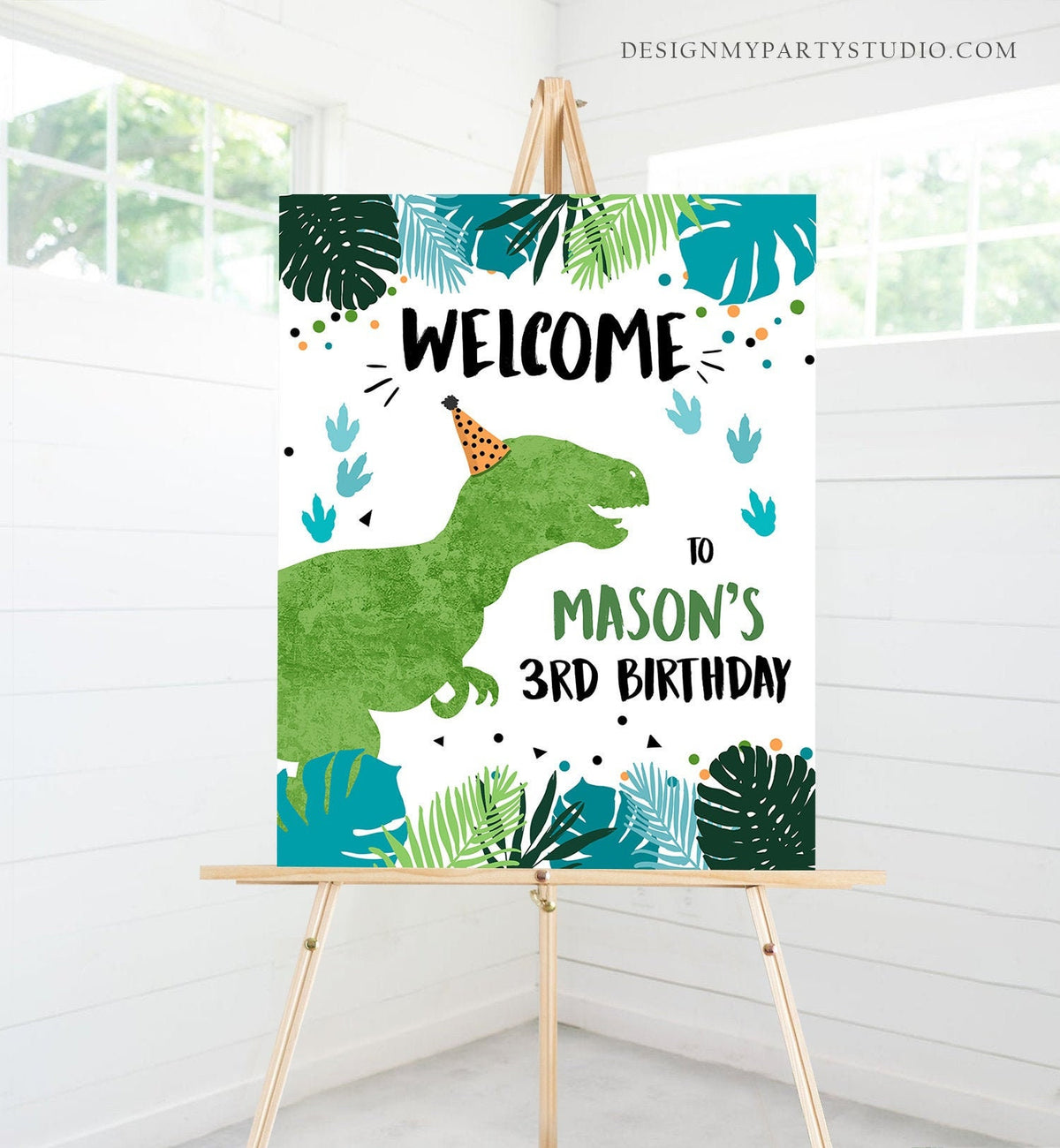 Editable Dinosaur Welcome Sign Boy Green Blue Dino Dig Party TRex Dinosaur Birthday Sign Table Sign Digital Download Template PRINTABLE 0389
