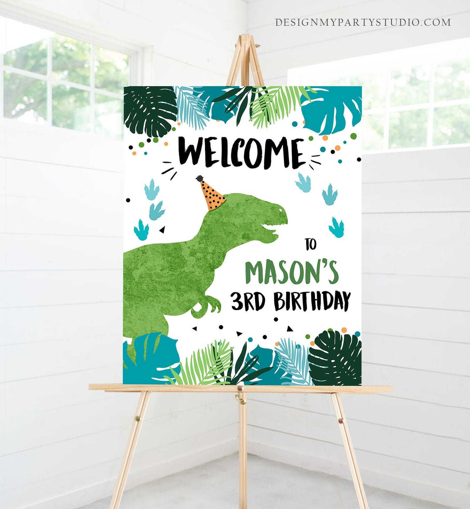 Editable Dinosaur Welcome Sign Boy Green Blue Dino Dig Party TRex Dinosaur Birthday Sign Table Sign Digital Download Template PRINTABLE 0389