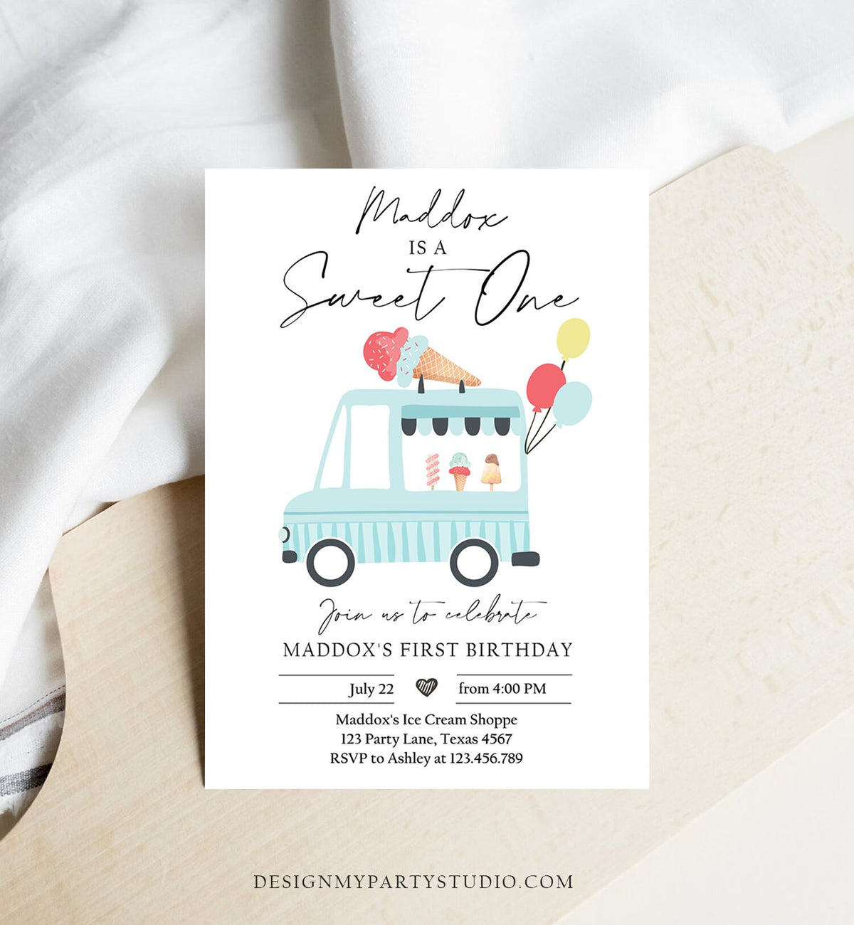 Editable Ice Cream Truck Birthday Invitation Boy Ice Cream Sweet One Modern Birthday Party First Digital Download Template Printable 0415