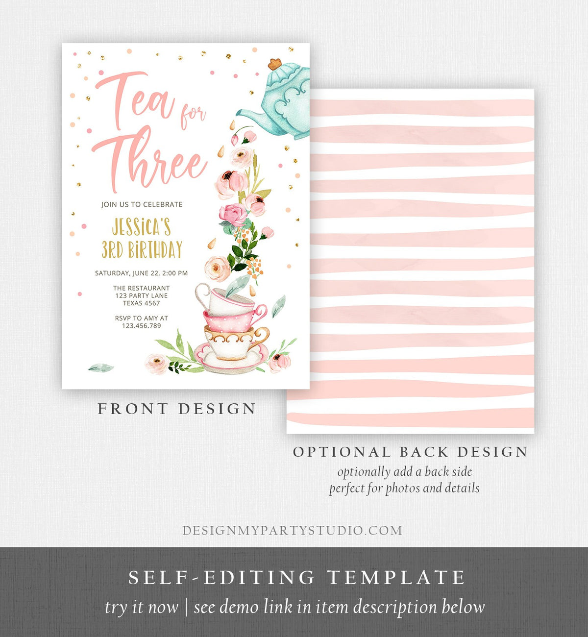 Editable Tea for Three Birthday Invitation Girl Tea Party Invite Pink Gold Floral 3rd Third Birthday Par-tea Corjl Template Printable 0349