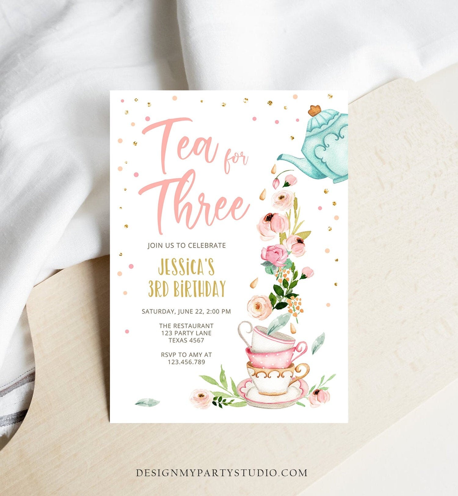 Editable Tea for Three Birthday Invitation Girl Tea Party Invite Pink Gold Floral 3rd Third Birthday Par-tea Corjl Template Printable 0349