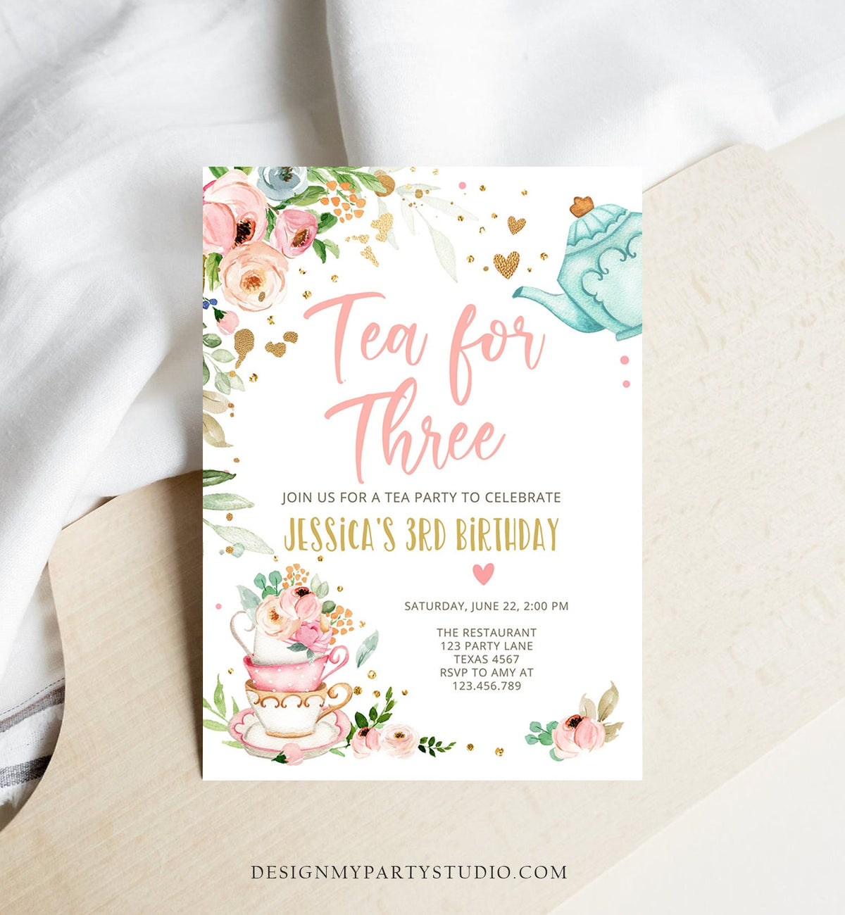 Editable Tea for Three Birthday Invitation Girl Tea Party Invite Pink Gold Floral 3rd Birthday Par-tea Download Printable Corjl 0349