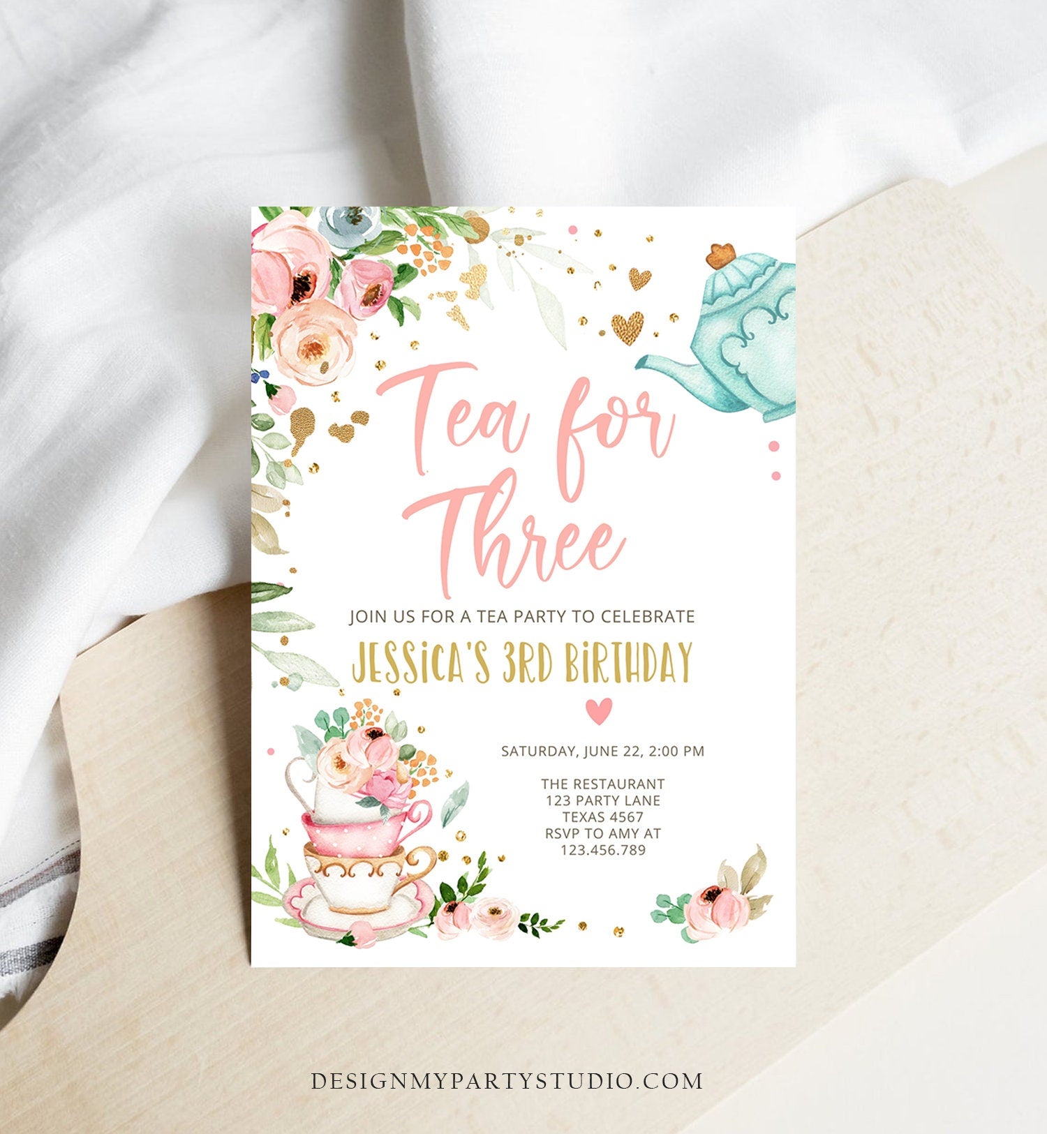 Editable Tea for Three Birthday Invitation Girl Tea Party Invite Pink Gold Floral 3rd Birthday Par-tea Download Printable Corjl 0349