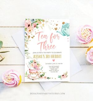 Editable Tea for Three Birthday Invitation Girl Tea Party Invite Pink Gold Floral 3rd Birthday Par-tea Download Printable Corjl 0349