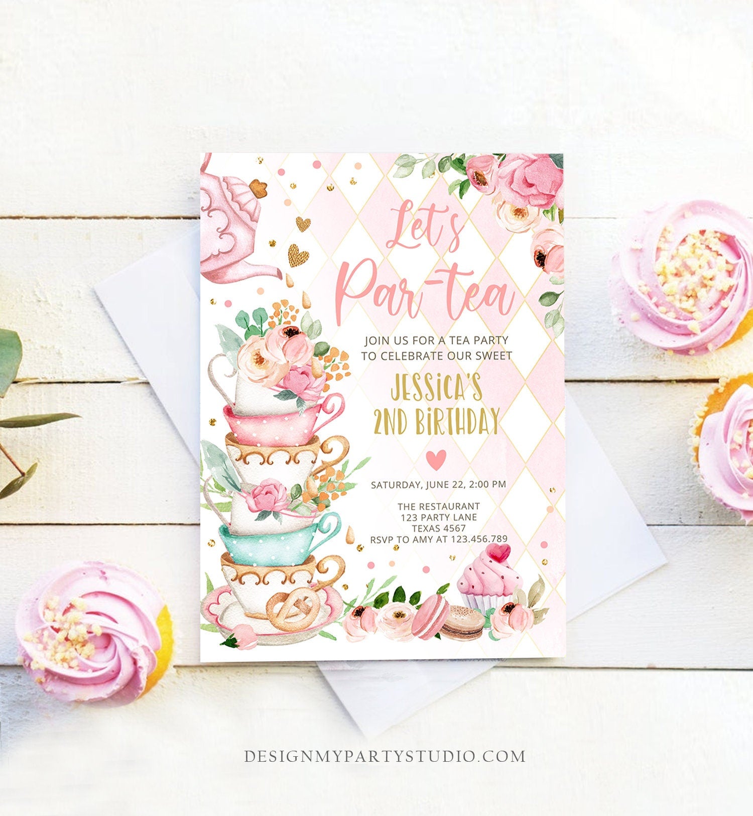 Editable Tea Party Birthday Invitation Girl Par-Tea Invite Floral Pink Gold Whimsical Tea Download Printable Template Corjl Digital 0349