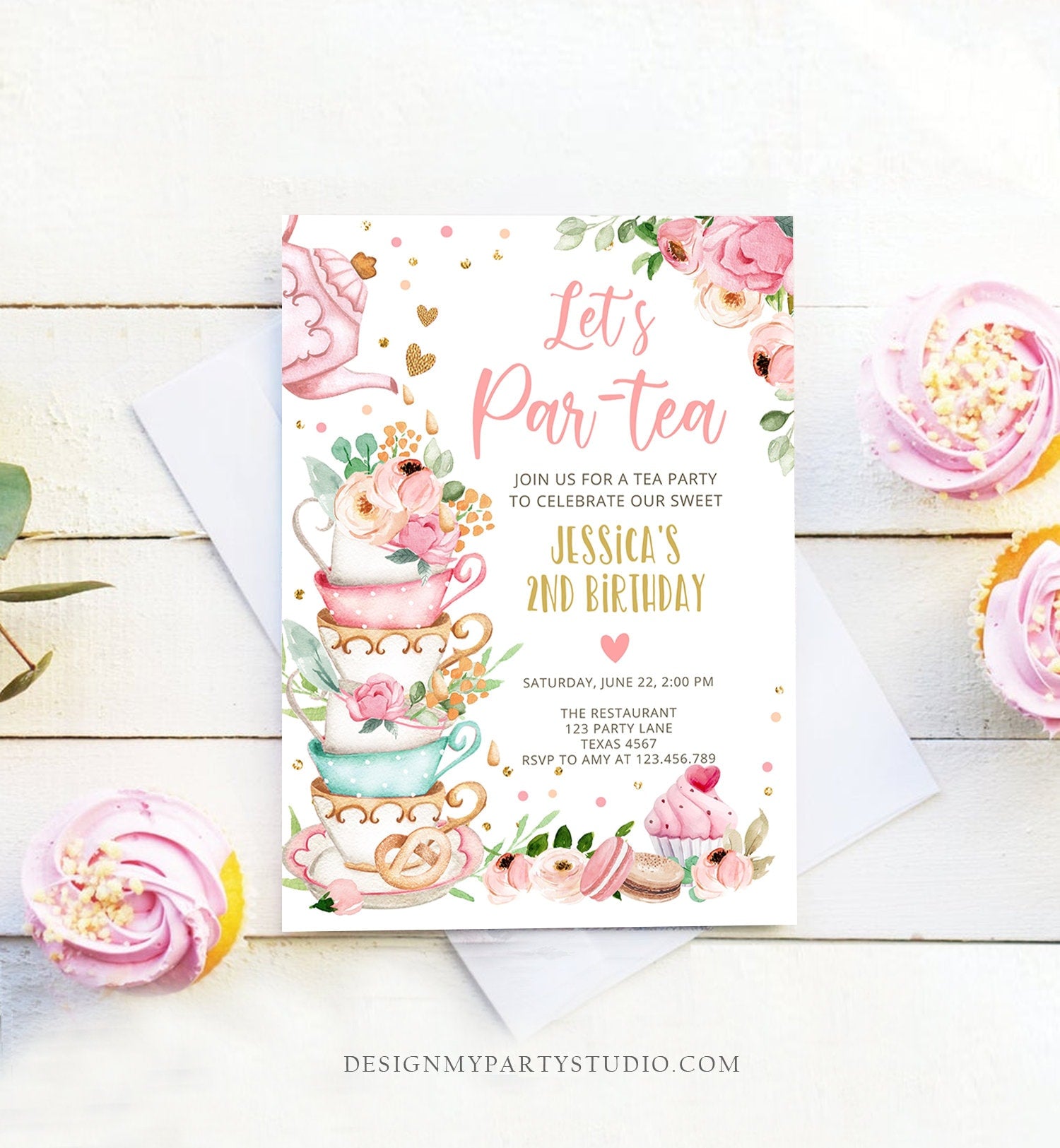 Editable Tea Party Birthday Invitation Girl Par-Tea Invite Floral Pink Gold Whimsical Tea Download Printable Template Corjl Digital 0349
