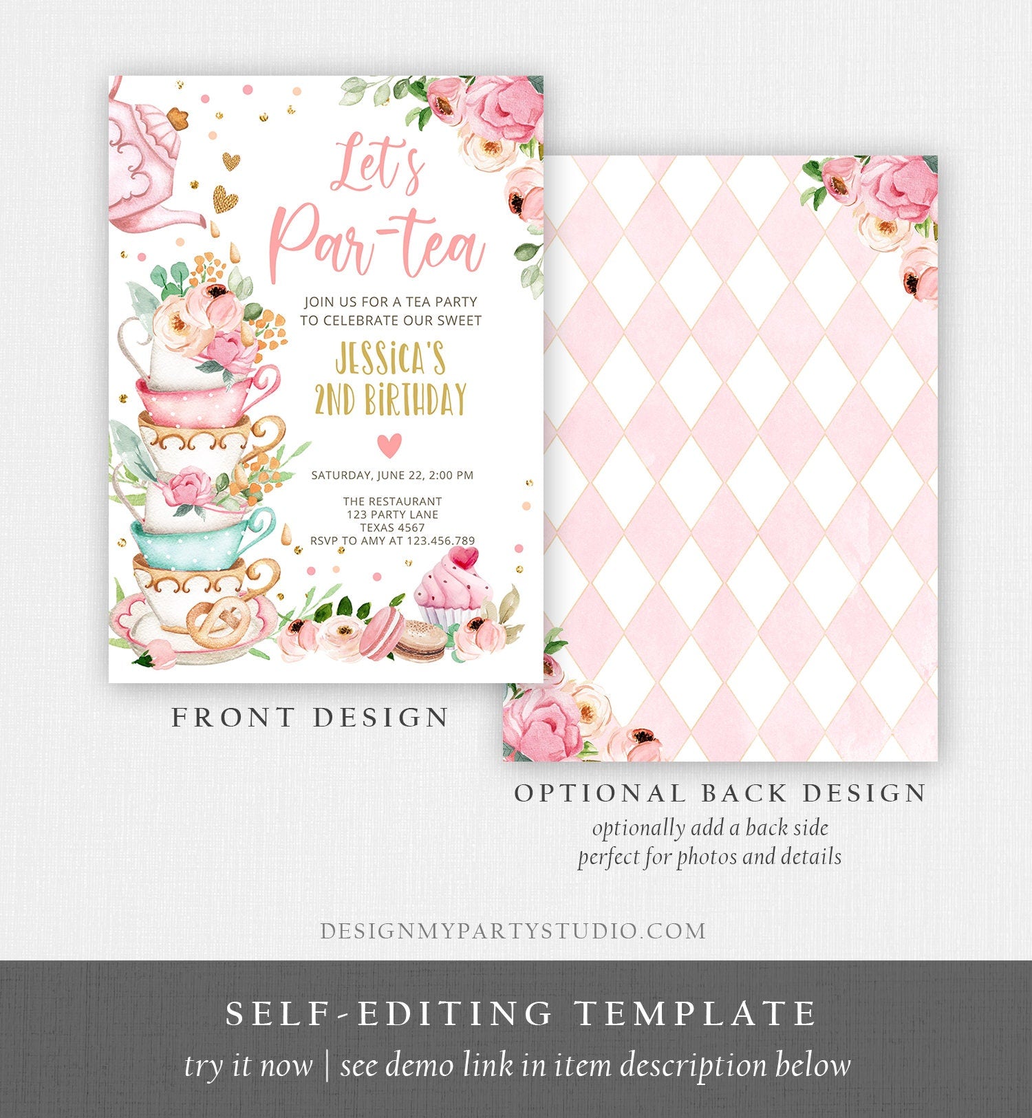 Editable Tea Party Birthday Invitation Girl Par-Tea Invite Floral Pink Gold Whimsical Tea Download Printable Template Corjl Digital 0349