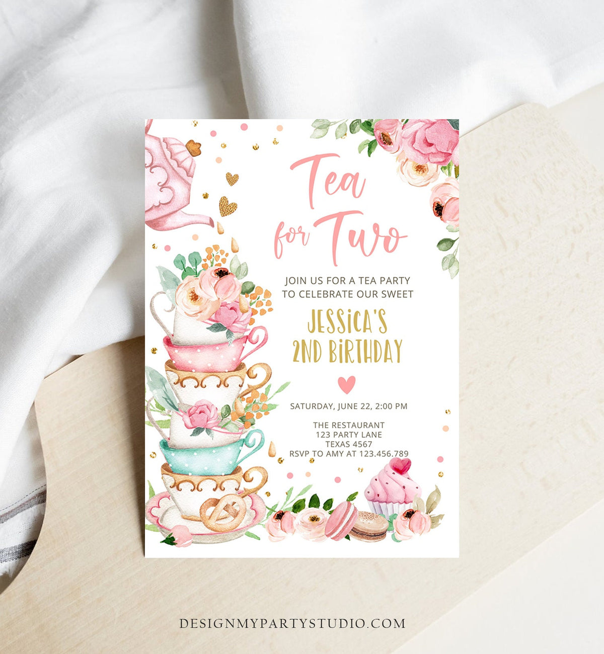 Editable Tea for Two Birthday Invitation Girl Tea Party Invite Pink Gold Floral Peach Pink Download Printable Template Corjl Digital 0349