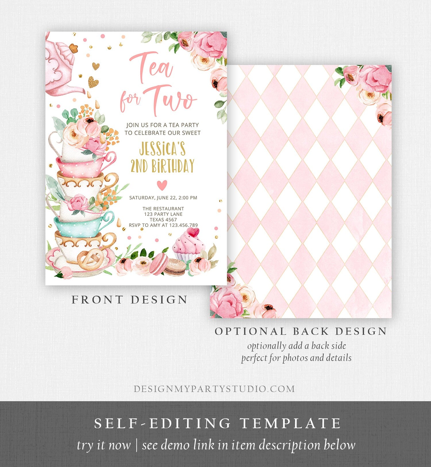 Editable Tea for Two Birthday Invitation Girl Tea Party Invite Pink Gold Floral Peach Pink Download Printable Template Corjl Digital 0349