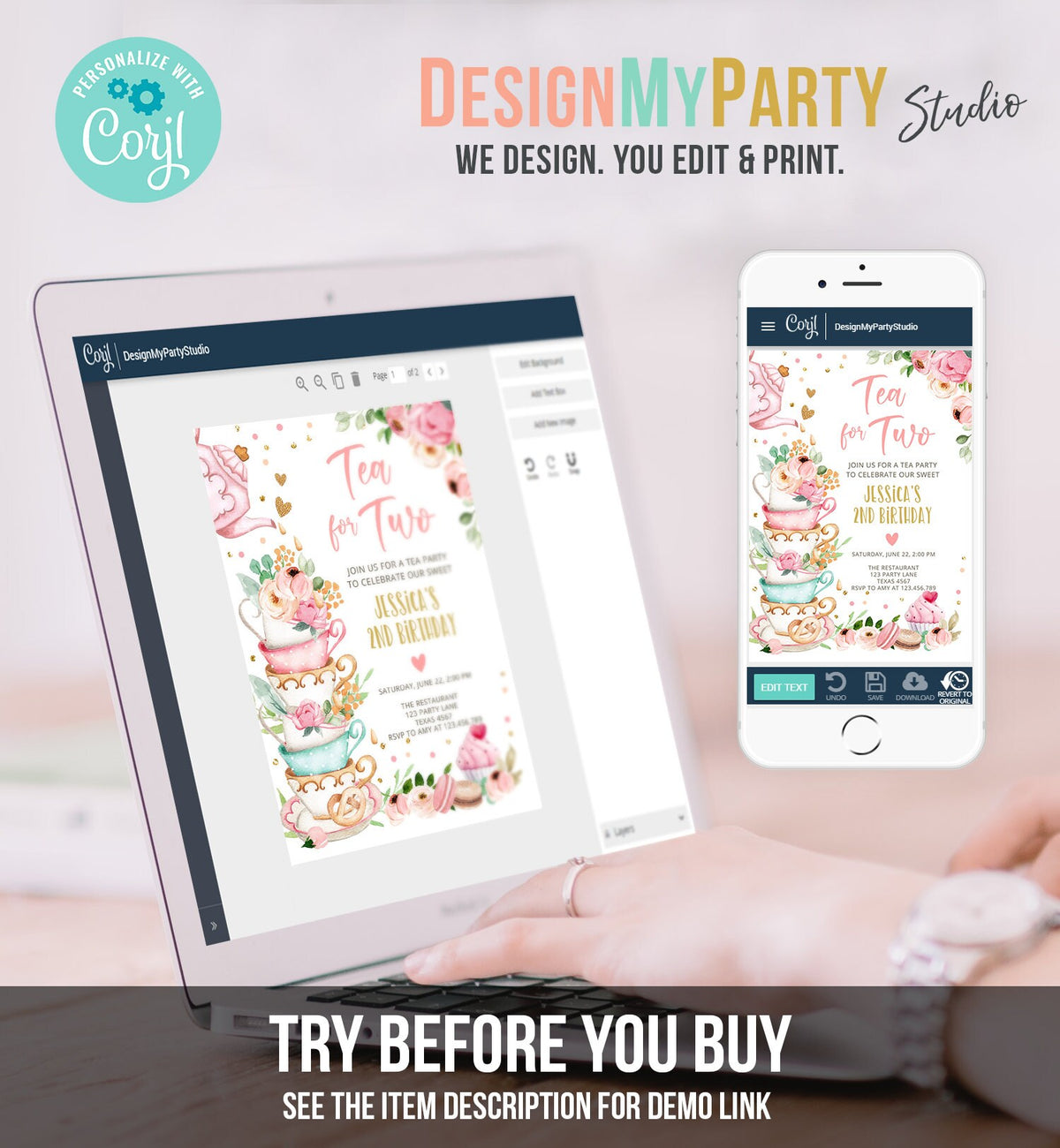 Editable Tea for Two Birthday Invitation Girl Tea Party Invite Pink Gold Floral Peach Pink Download Printable Template Corjl Digital 0349
