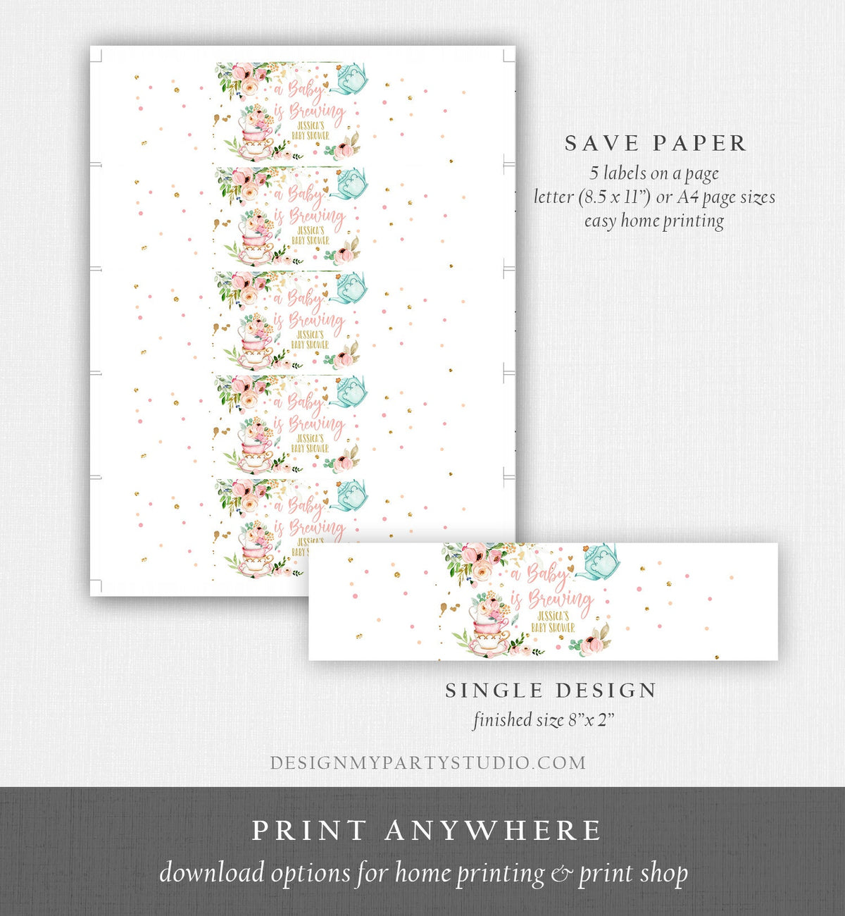 Editable Water Bottle Labels Tea Baby Shower Girl A Baby is Brewing Flowers Pink Gold Tea Shower Digital Download Template Printable 0349