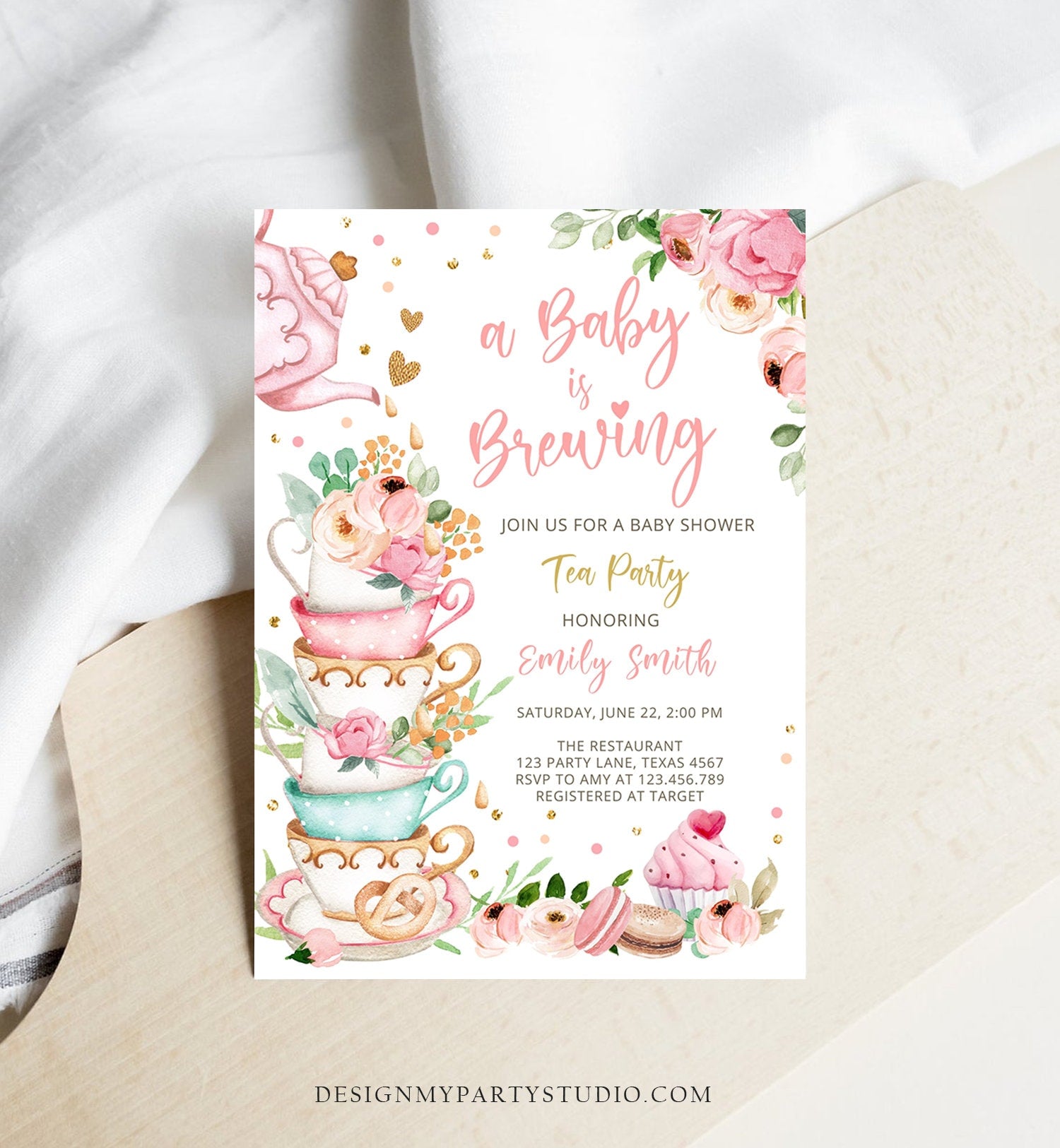 Editable Tea Party Baby Shower Invitation Tea Shower Sprinkle Floral Pink Gold Blush Brunch Bubbly Digital Download Template Printable 0349