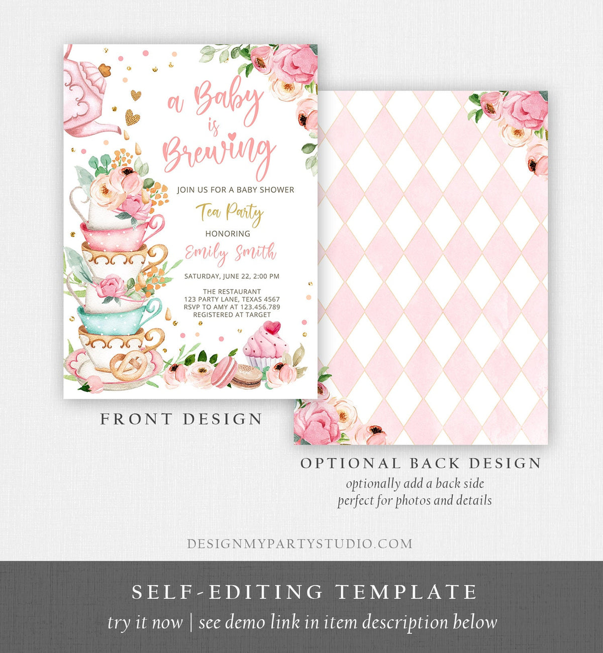 Editable Tea Party Baby Shower Invitation Tea Shower Sprinkle Floral Pink Gold Blush Brunch Bubbly Digital Download Template Printable 0349