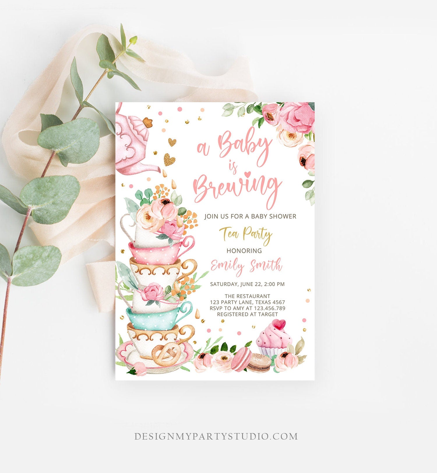 Editable Tea Party Baby Shower Invitation Tea Shower Sprinkle Floral Pink Gold Blush Brunch Bubbly Digital Download Template Printable 0349