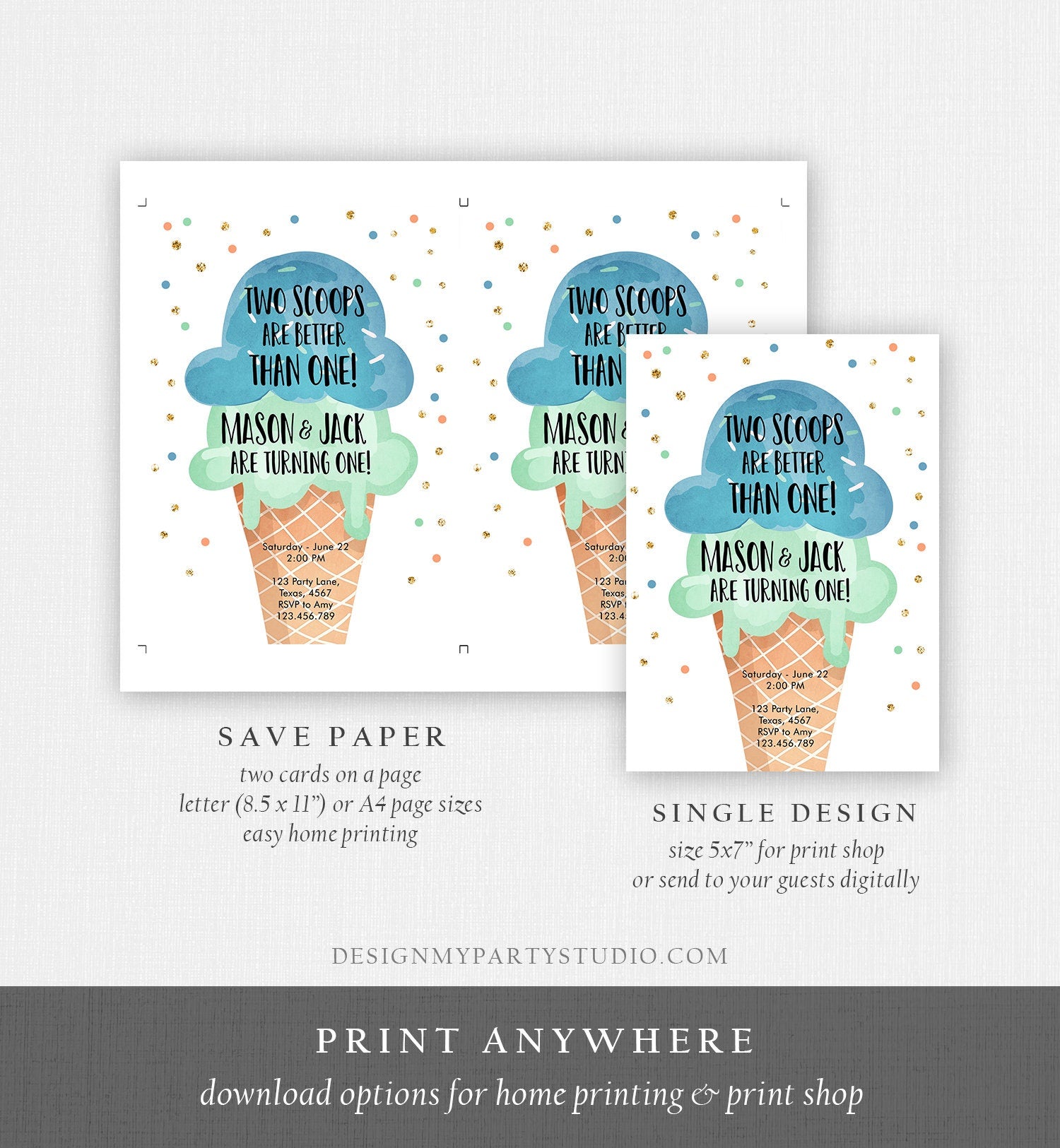 Editable Twin Ice Cream Birthday Invitation First Birthday Two is Better Than One Yellow Mint Joint Boy Blue Digital Template Printable 0243