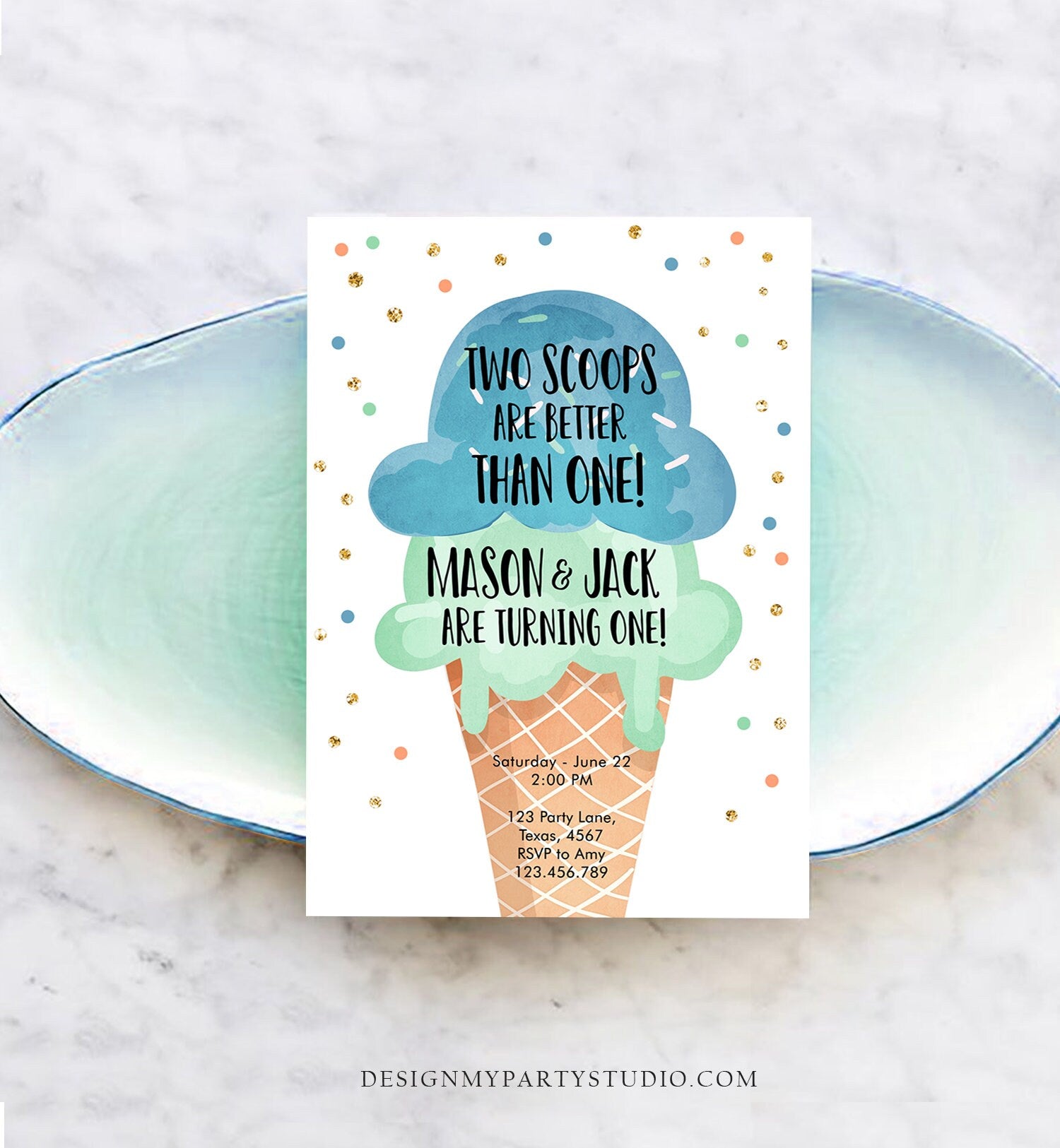 Editable Twin Ice Cream Birthday Invitation First Birthday Two is Better Than One Yellow Mint Joint Boy Blue Digital Template Printable 0243