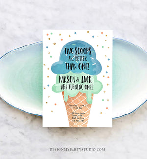 Editable Twin Ice Cream Birthday Invitation First Birthday Two is Better Than One Yellow Mint Joint Boy Blue Printable Template Corjl 0243