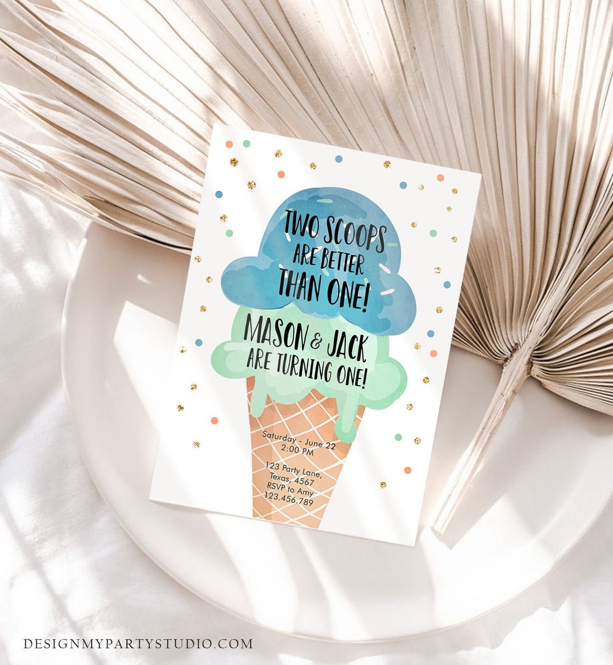 Editable Twin Ice Cream Birthday Invitation First Birthday Two is Better Than One Yellow Mint Joint Boy Blue Digital Template Printable 0243