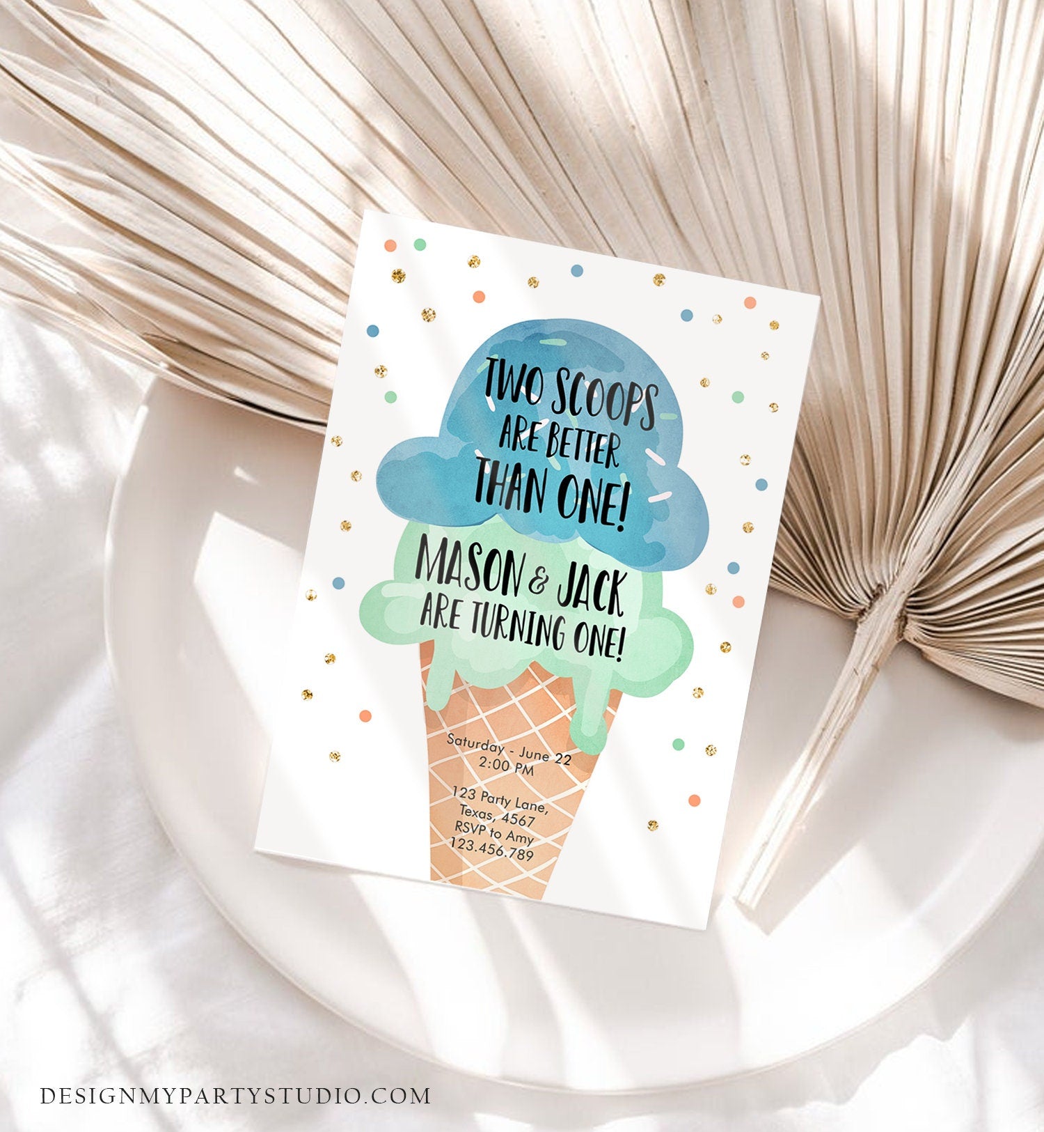 Editable Twin Ice Cream Birthday Invitation First Birthday Two is Better Than One Yellow Mint Joint Boy Blue Digital Template Printable 0243