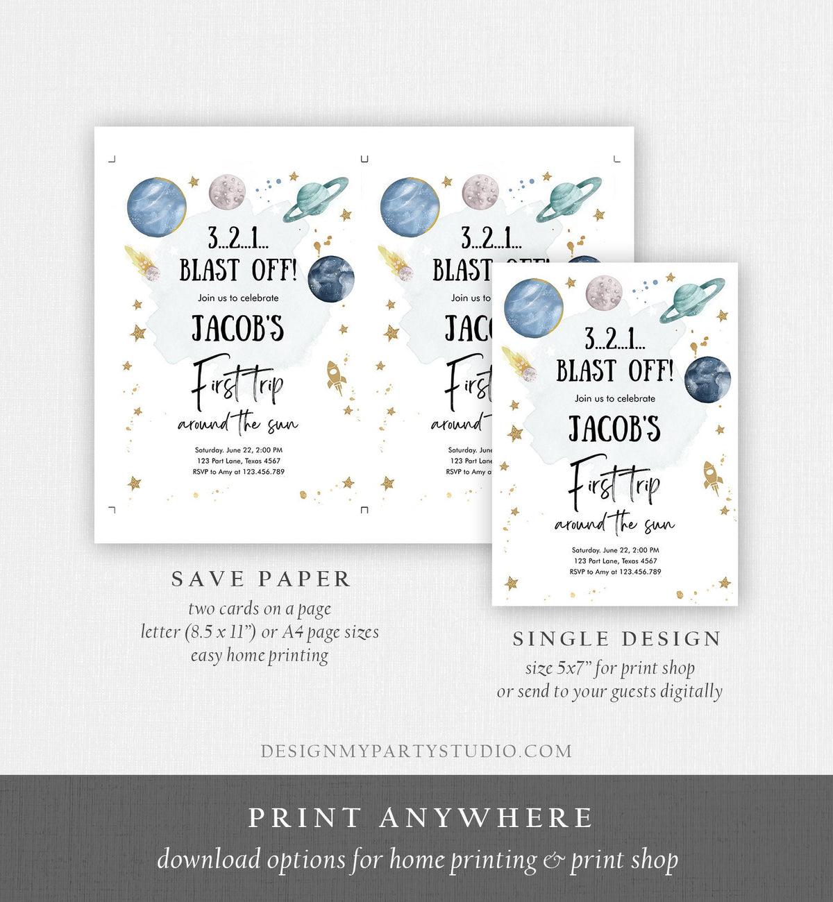 Editable Outer Space First Birthday Invitation Galaxy Blast Off First Trip Around the Sun Digital Download Evite Template Printable 0357