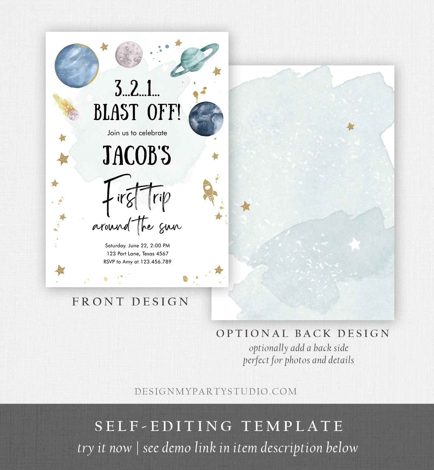 Editable Outer Space First Birthday Invitation Galaxy Blast Off First Trip Around the Sun Digital Download Evite Template Printable 0357