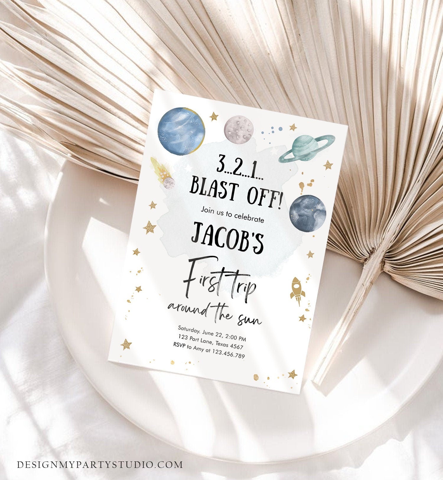 Editable Outer Space First Birthday Invitation Galaxy Blast Off First Trip Around the Sun Digital Download Evite Template Printable 0357