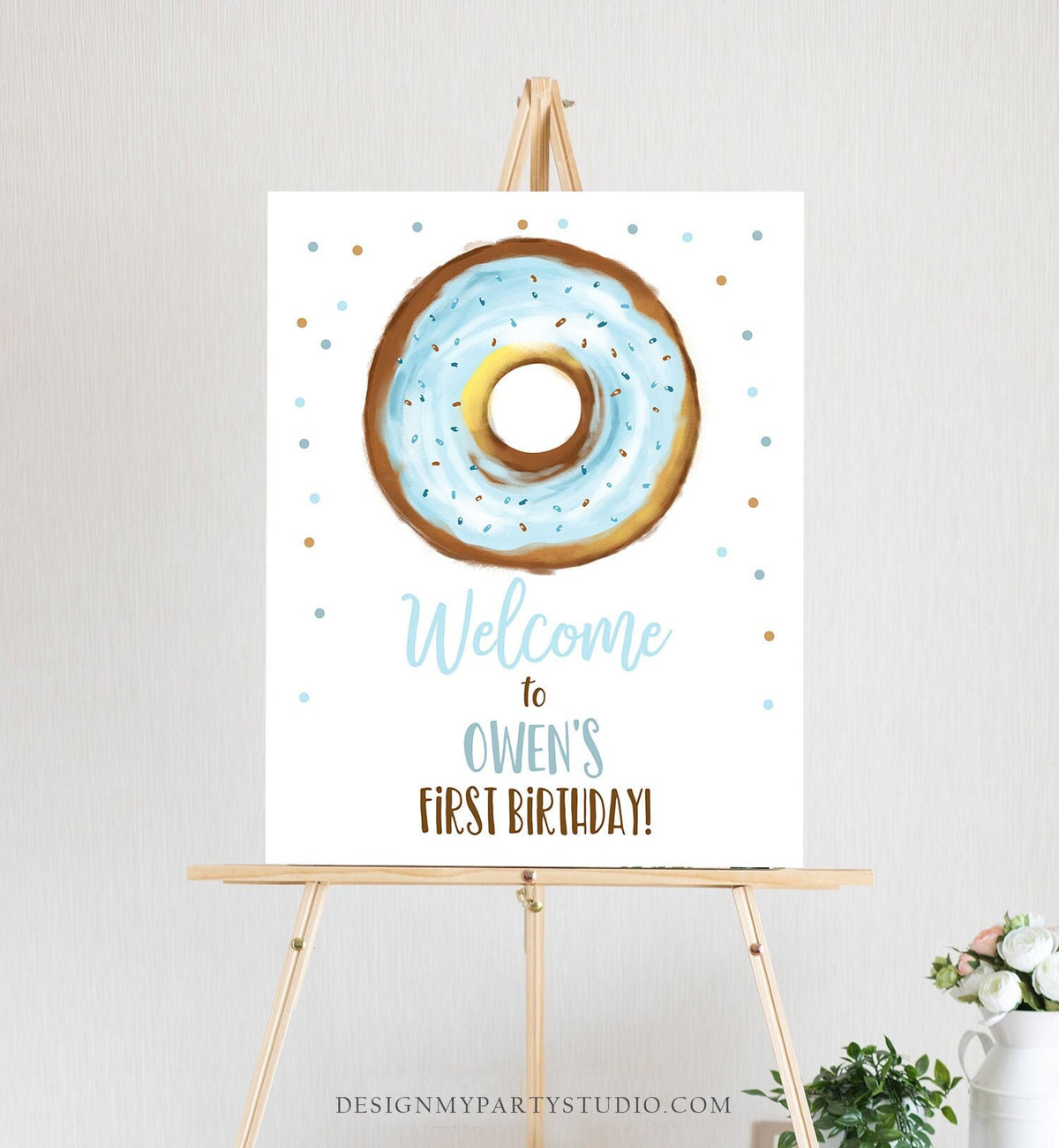 Editable Donut Welcome Sign Donut Birthday Party Boy Blue Doughnut Baby Shower Two Sweet Sprinkle Watercolor Pastel Corjl Template 0368