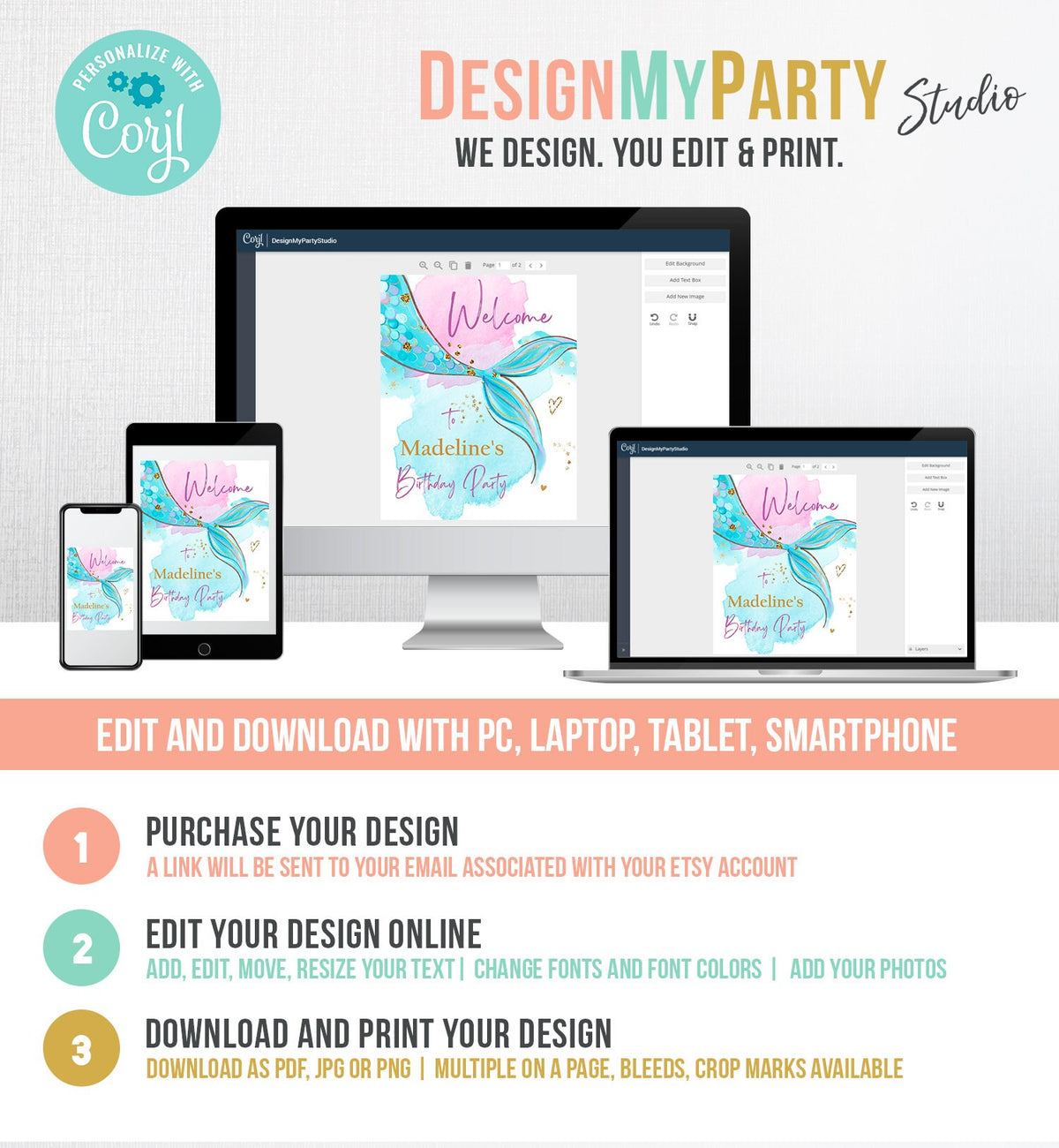 Editable Mermaid Welcome Sign Mermaid Birthday Sign Girl Mermaid Tail Birthday Decor Welcome Under The Sea Digital Template Printable 0403