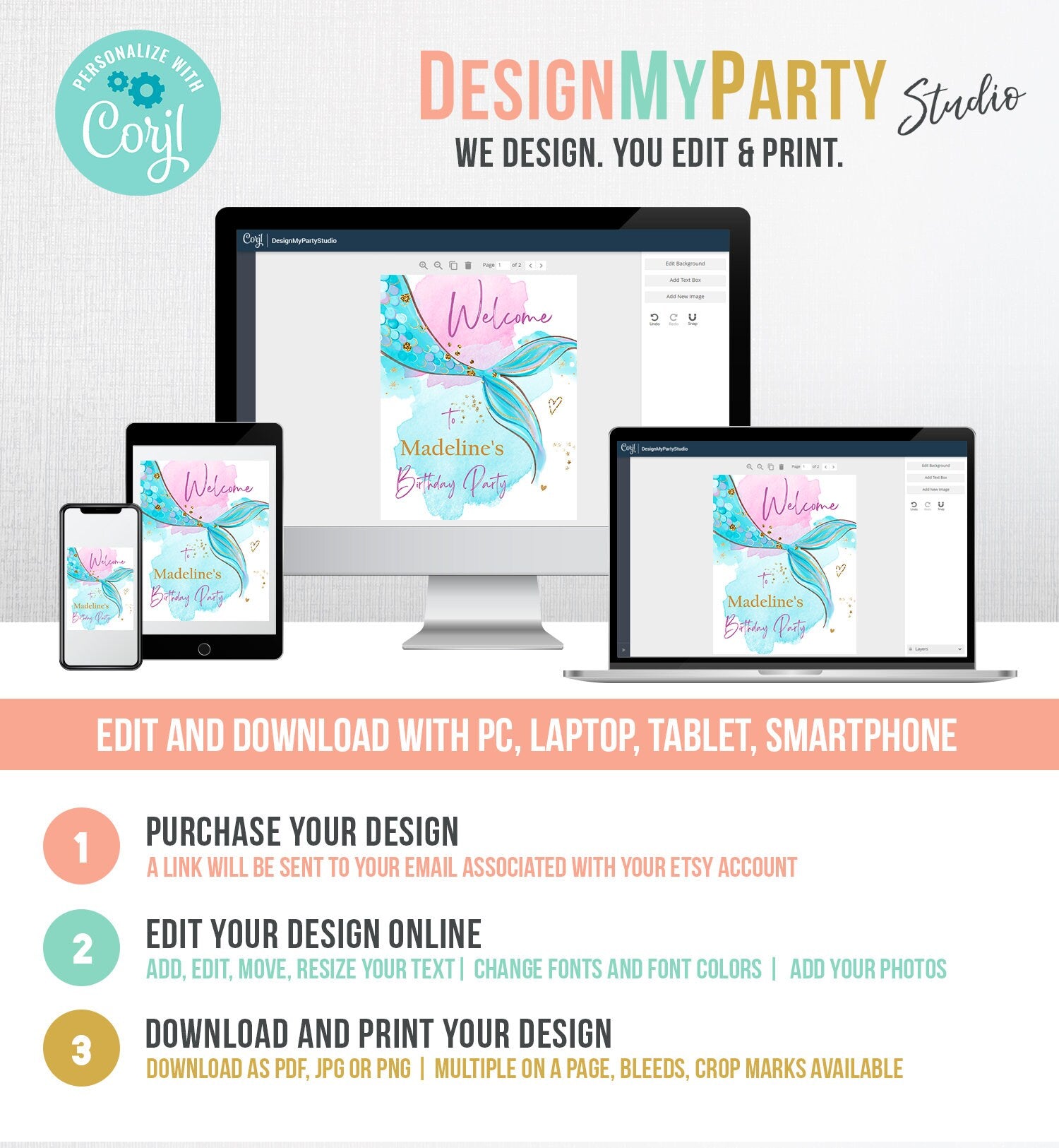 Editable Mermaid Welcome Sign Mermaid Birthday Sign Girl Mermaid Tail Birthday Decor Welcome Under The Sea Digital Template Printable 0403