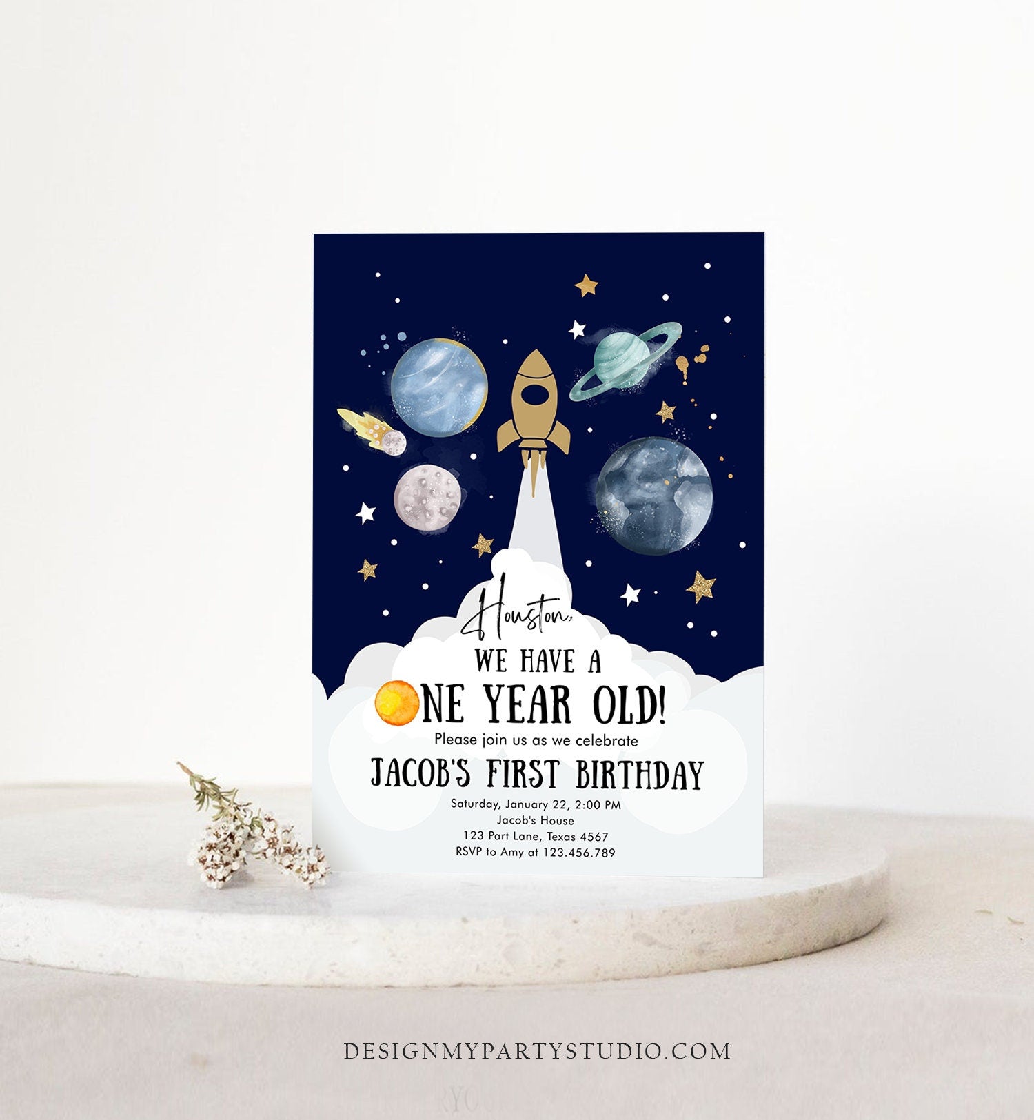 Editable Outer Space First Birthday Invitation Galaxy Houston First Trip Around the Sun One Digital Download Evite Template Printable 0357