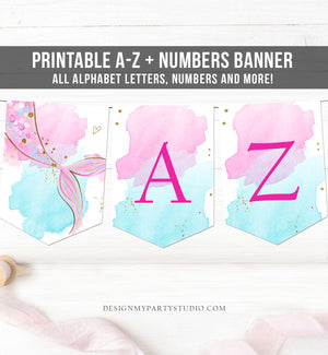 Mermaid Alphabet Banner Letters A to Z Numbers Mermaid Birthday Banner Girl Teal Pink Teal Gold Party Decor Baby Shower DIY Printable 0403