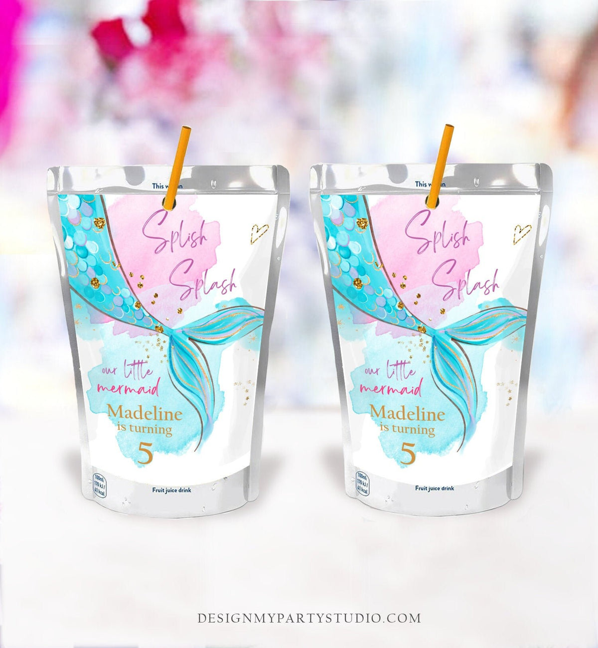 Editable Mermaid Juice Pouch Label Juice Favors Mermaid Birthday Party Girl Pink Blue Teal Under The Sea Digital Template Printable 0403