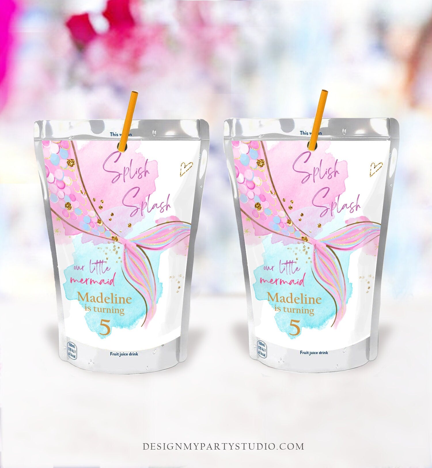 Editable Mermaid Juice Pouch Label Juice Favors Mermaid Birthday Party Girl Pink Blue Teal Under The Sea Digital Template Printable 0403