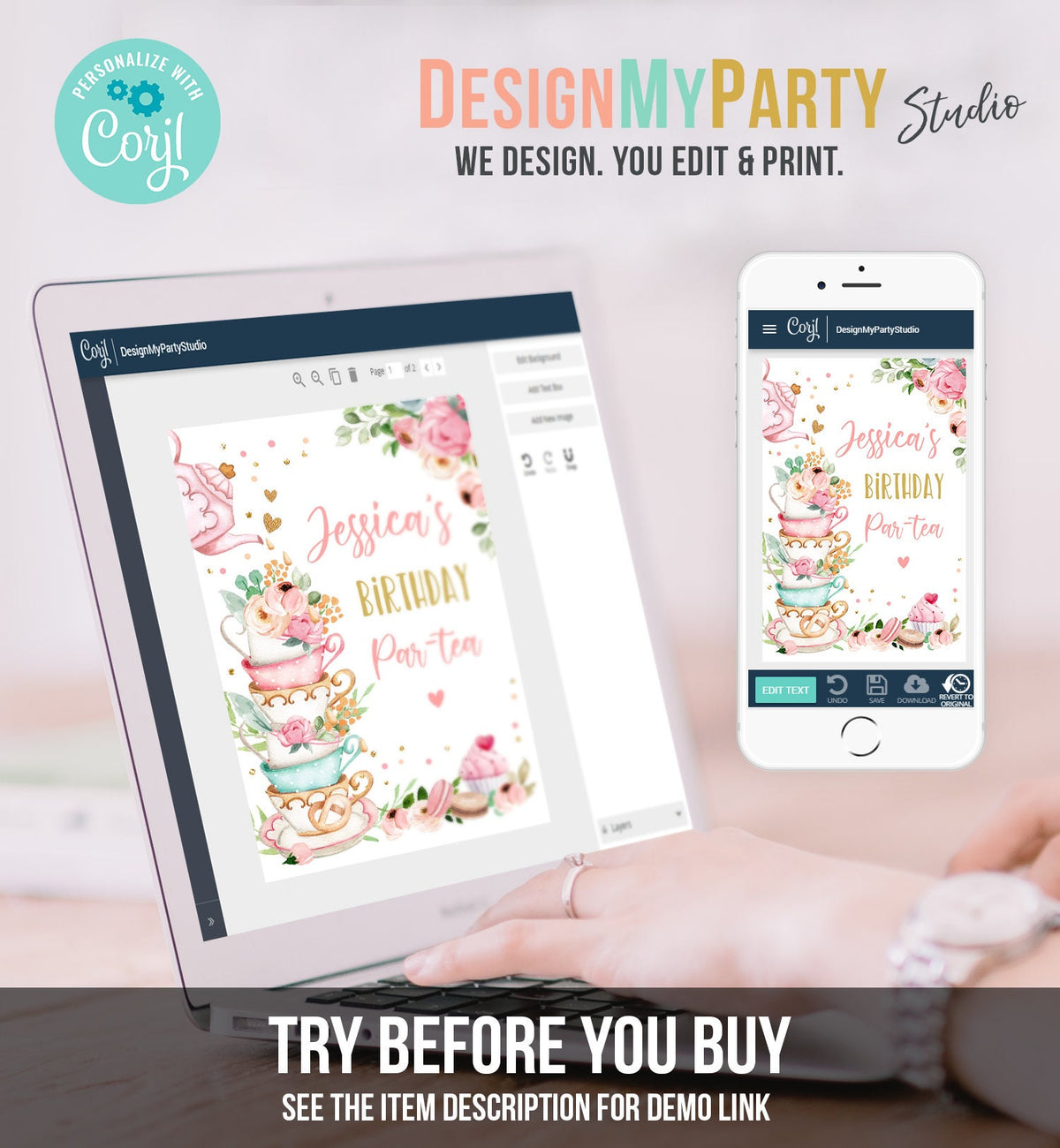 Editable Tea Party Juice Pouch Label Juice Favors Floral Tea Birthday Girl Pink Gold Par-tea Digital Download Template Printable 0349