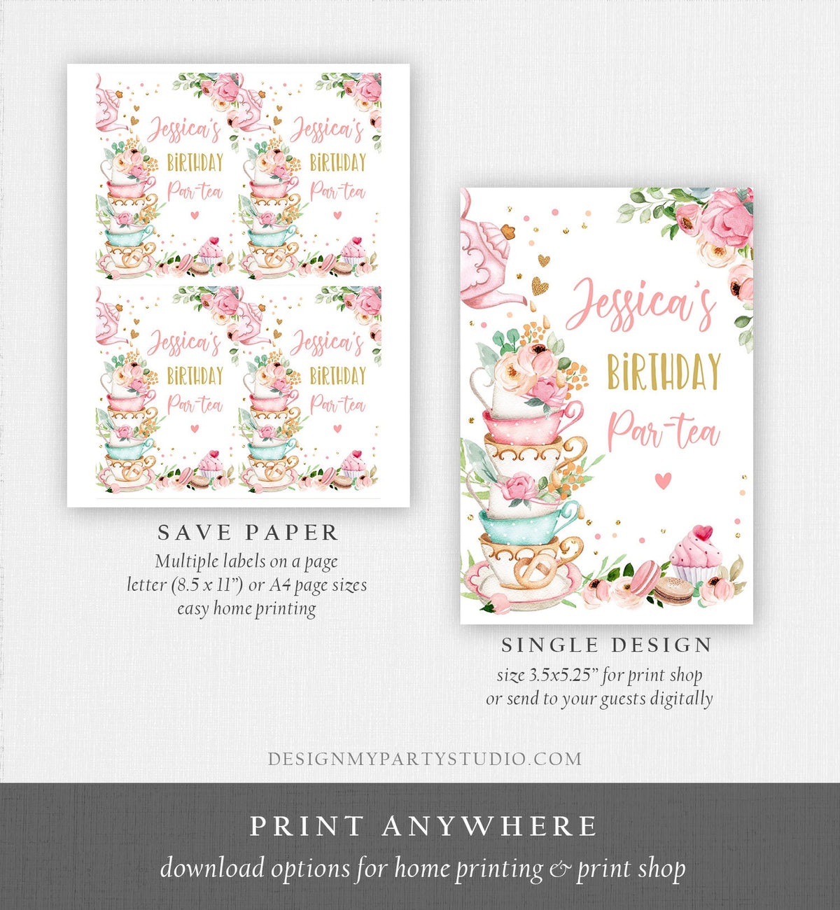 Editable Tea Party Juice Pouch Label Juice Favors Floral Tea Birthday Girl Pink Gold Par-tea Digital Download Template Printable 0349
