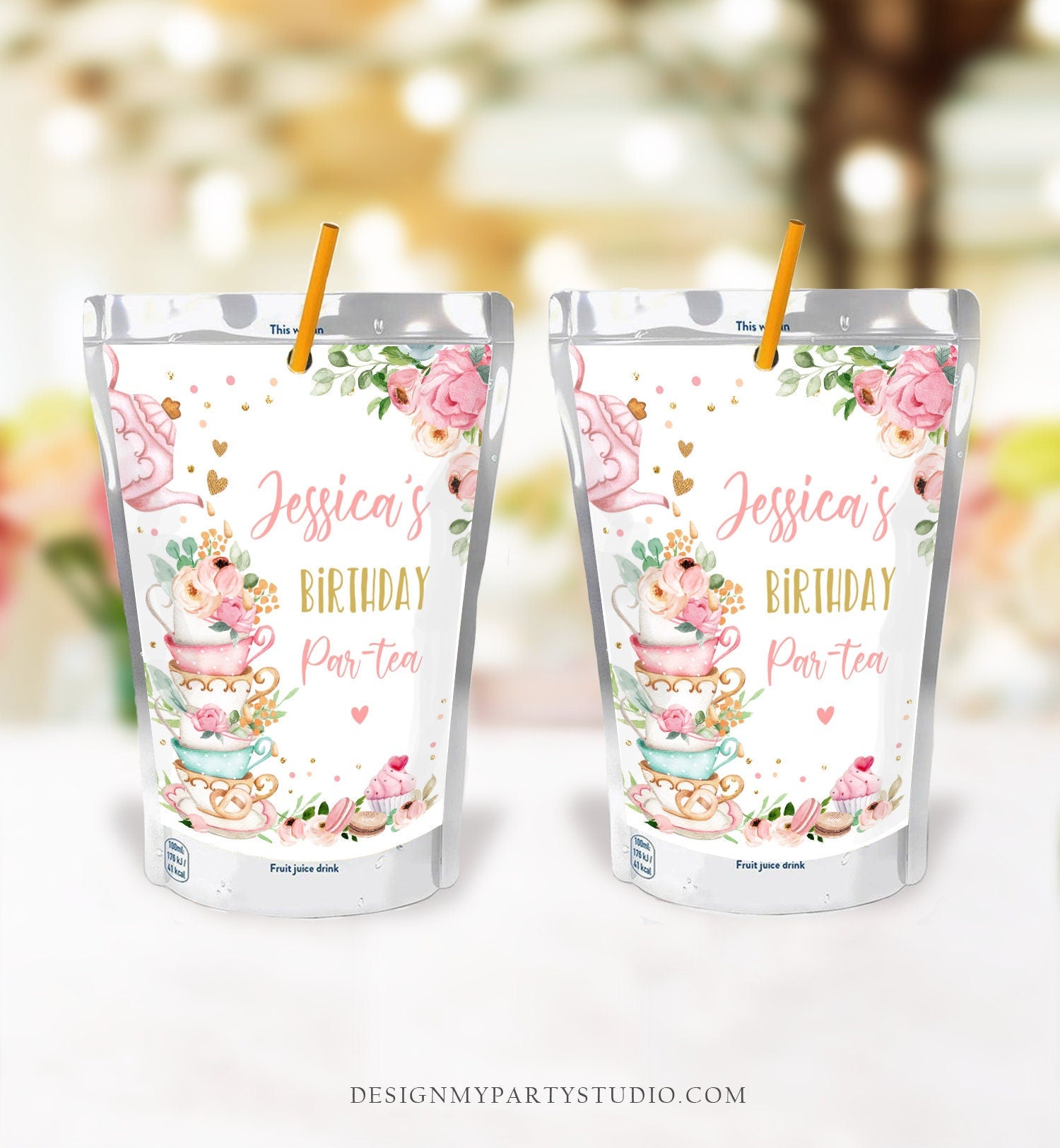 Editable Tea Party Juice Pouch Label Juice Favors Floral Tea Birthday Girl Pink Gold Par-tea Digital Download Template Printable 0349
