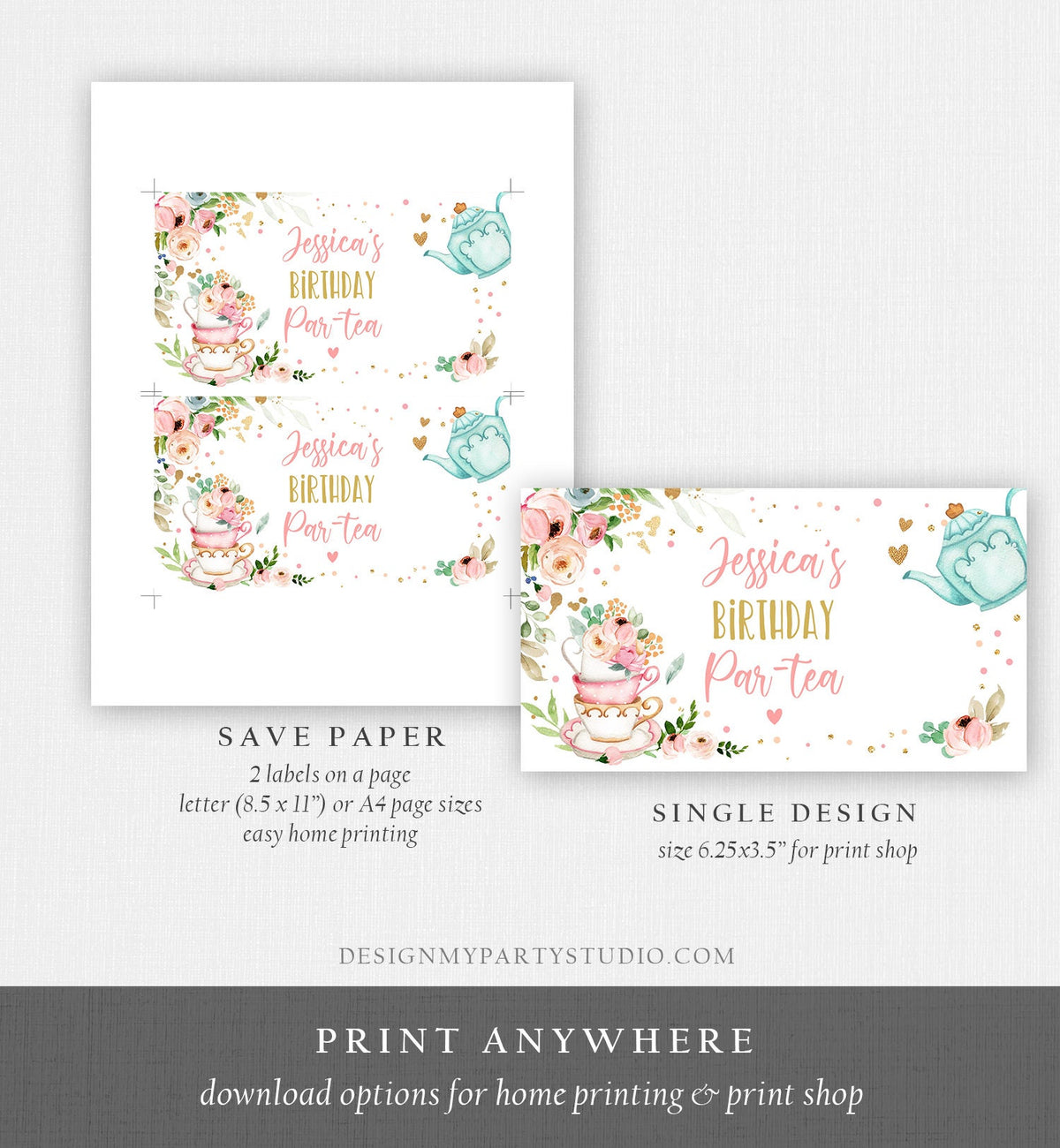 Editable Tea Party Gable Gift Box Label Tea Birthday Par-tea Girl Treat Box Label Floral Pink Favor Digital Download Template Printable 0349