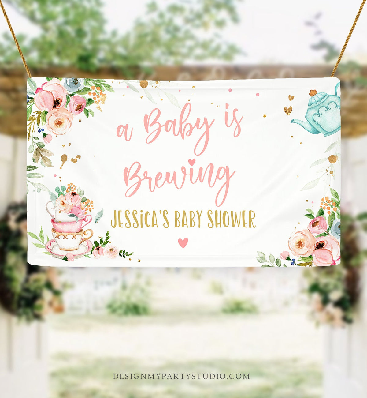 Editable Tea Party Baby Shower Backdrop Baby is Brewing Girl Pink Gold Floral Tea Shower Par-tea Brunch Corjl Template Printable 0349