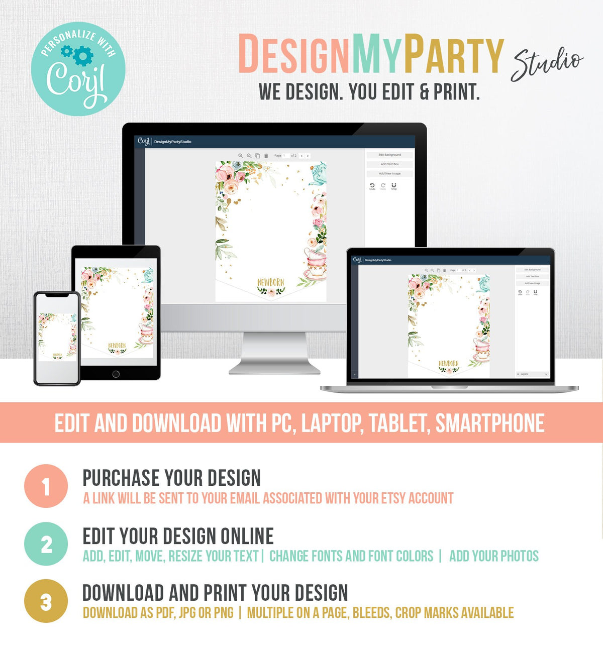 Editable Tea Party First Birthday Banner Monthly Photo Banner Par-Tea 1st Pink Gold Girl Floral Tea Whimsical Corjl Template Printable 0349