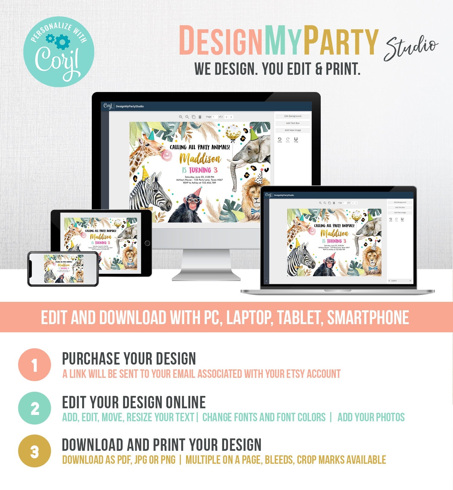 Editable Party Animals Birthday Invitation Wild One Animals Zoo Party Safari Animals Girl Digital Download Evite Template Printable 0417