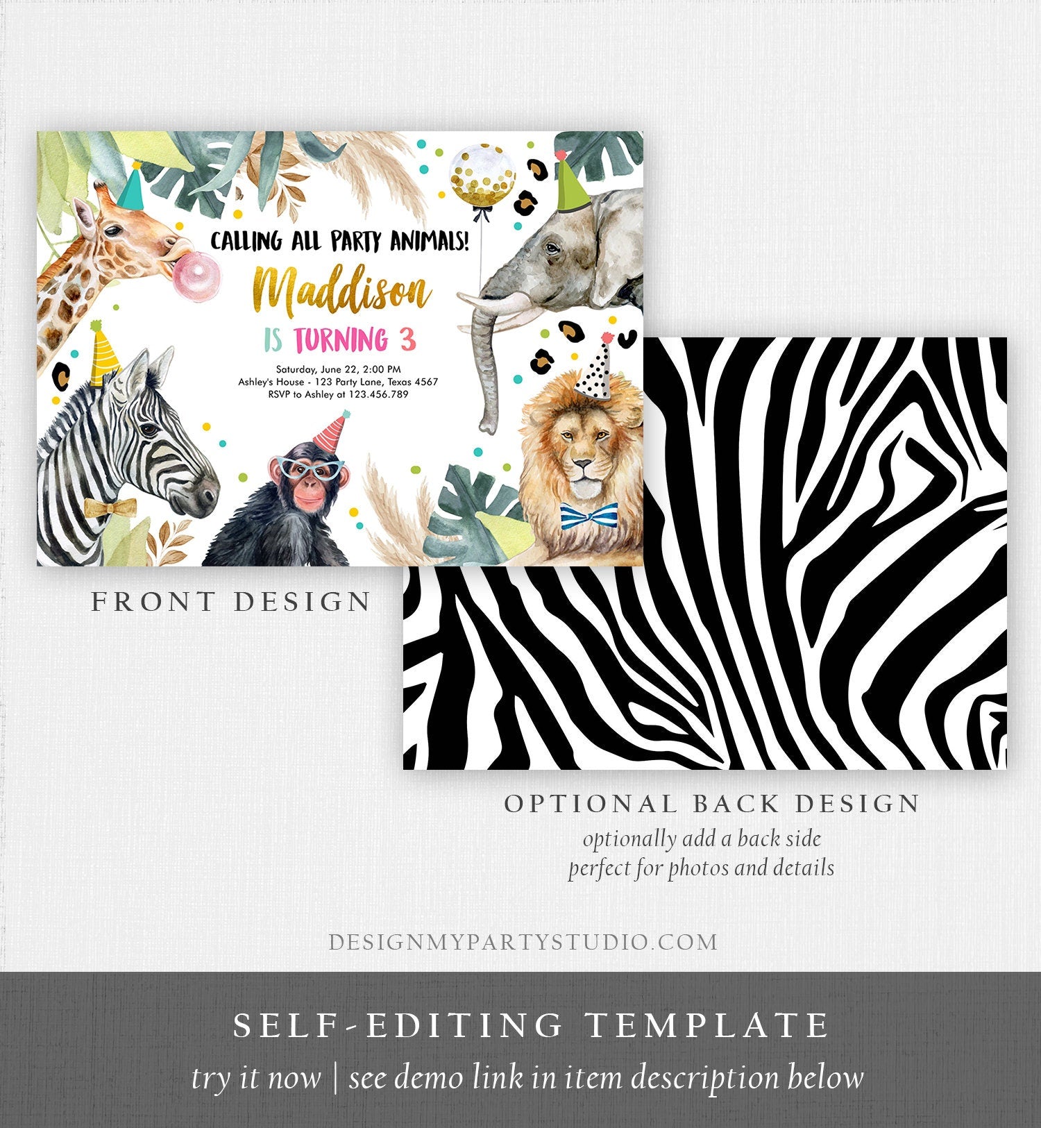 Editable Party Animals Birthday Invitation Wild One Animals Zoo Party Safari Animals Girl Digital Download Evite Template Printable 0417