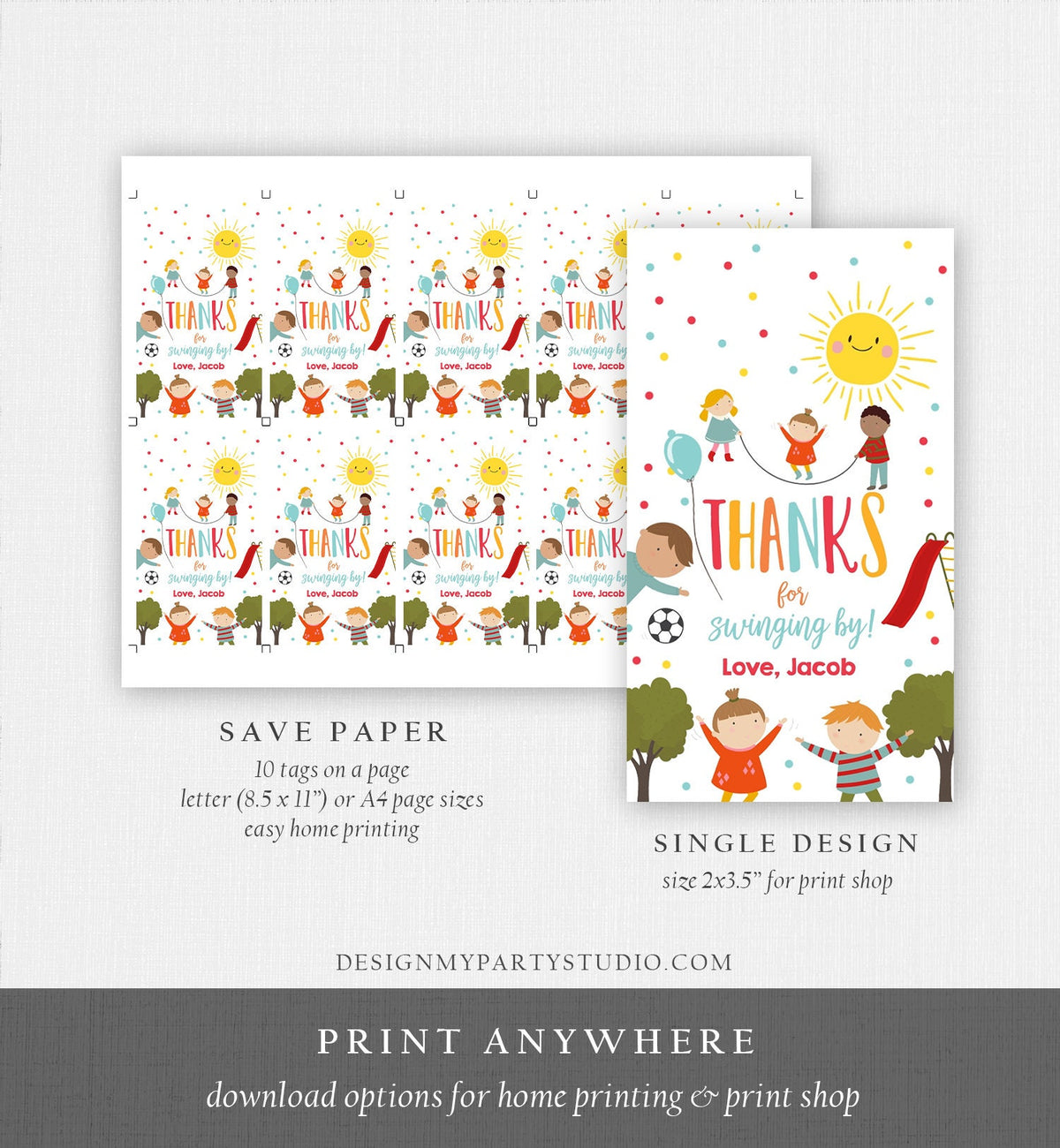 Editable Playground Favor Tag Party In the Park Thank You Tag Boy Birthday Run Climb Slide Digital Download Template Printable 0327