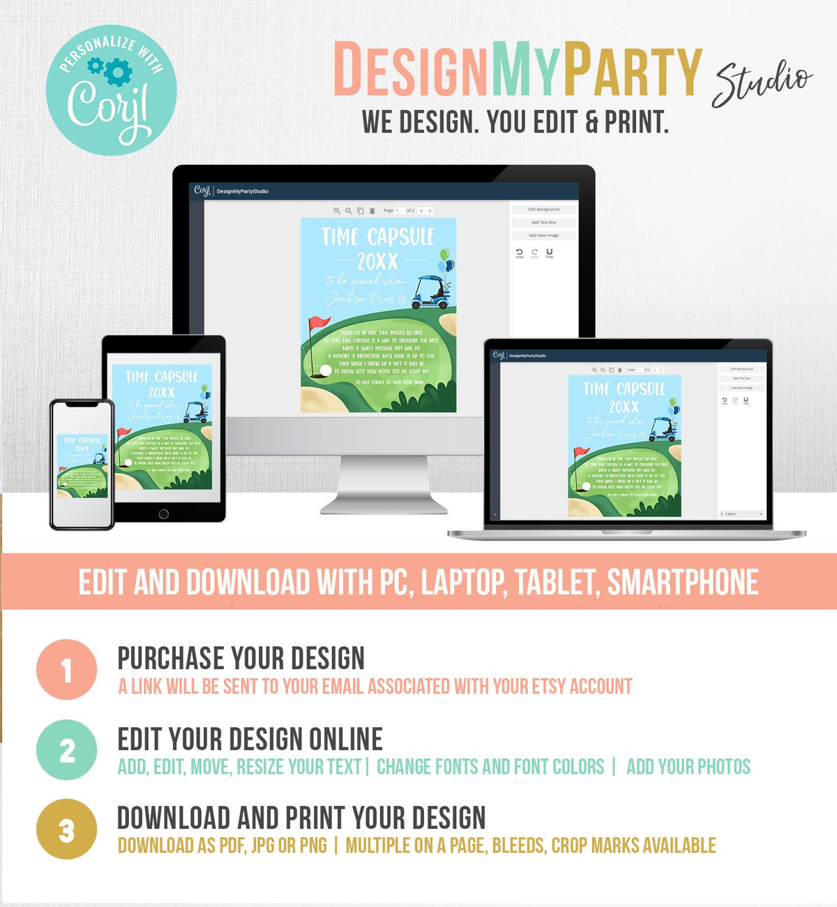 Editable Golf Time Capsule First Birthday Party Hole in One Birthday First Par-tee Guestbook Boy Golfing Digital Template Printable 0405