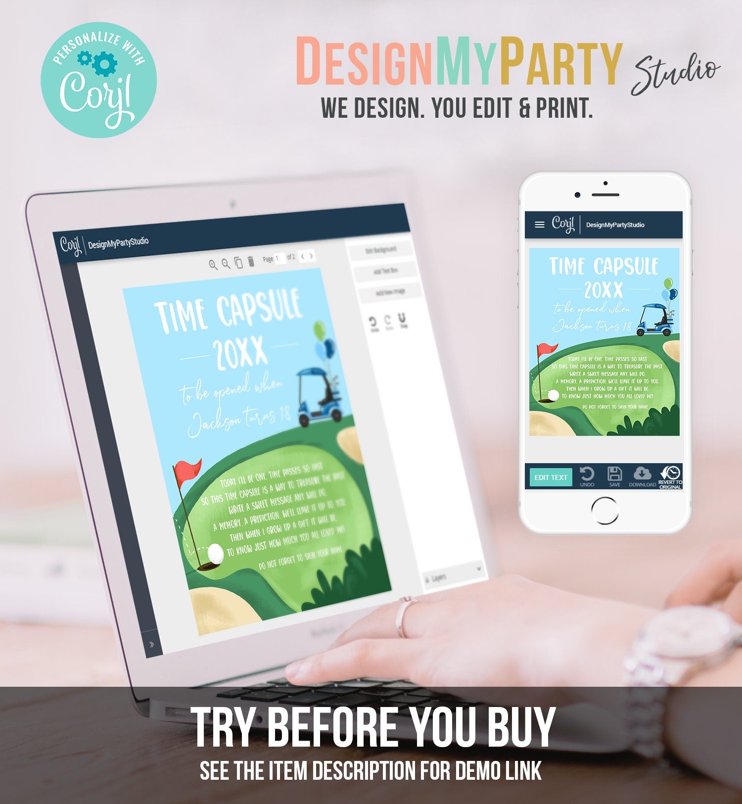 Editable Golf Time Capsule First Birthday Party Hole in One Birthday First Par-tee Guestbook Boy Golfing Digital Template Printable 0405