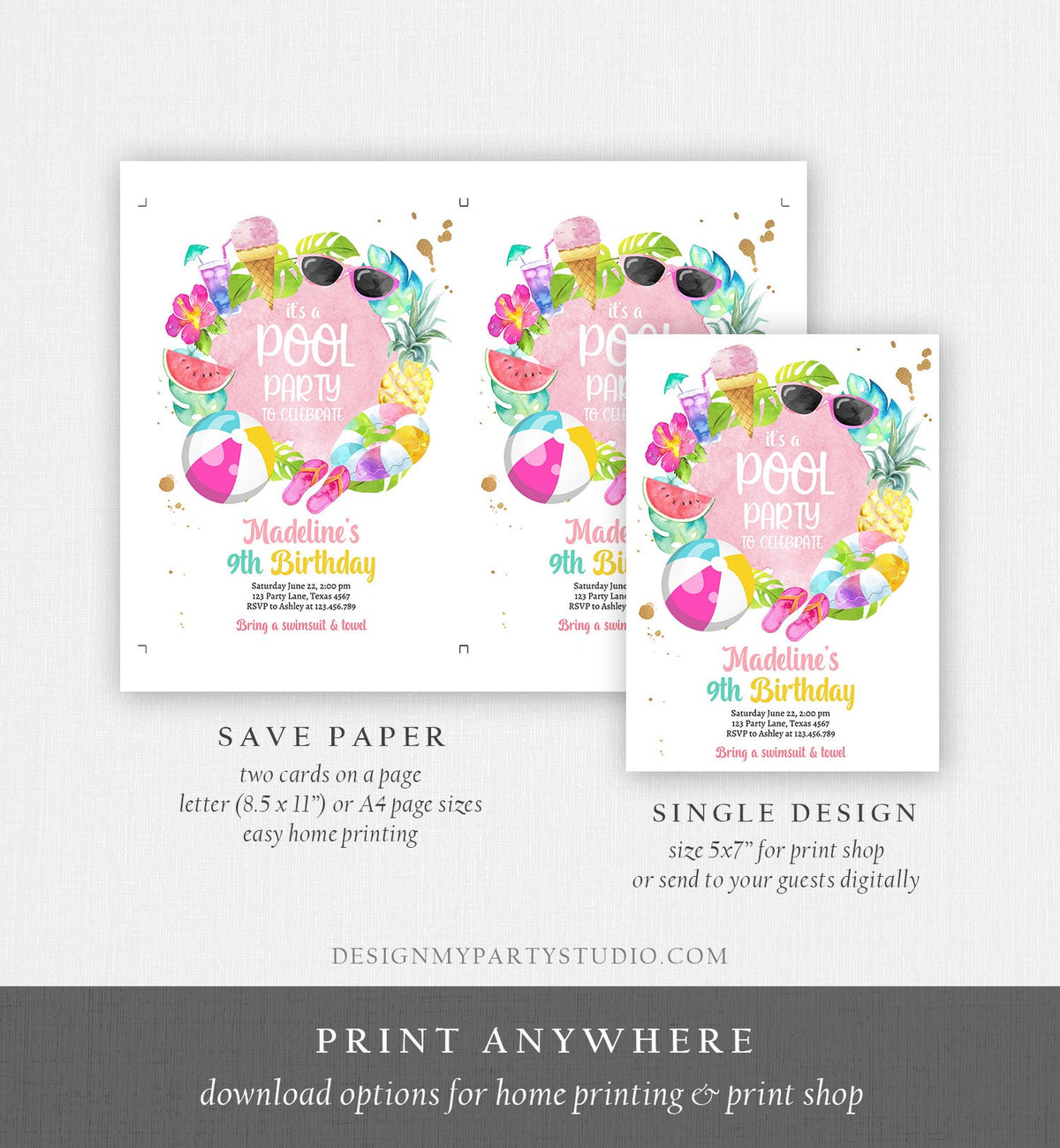 Editable Tropical Pool Party Birthday Invitation Splish Splash Birthday Bash Girl Pineapple Digital Download Template Printable 0414