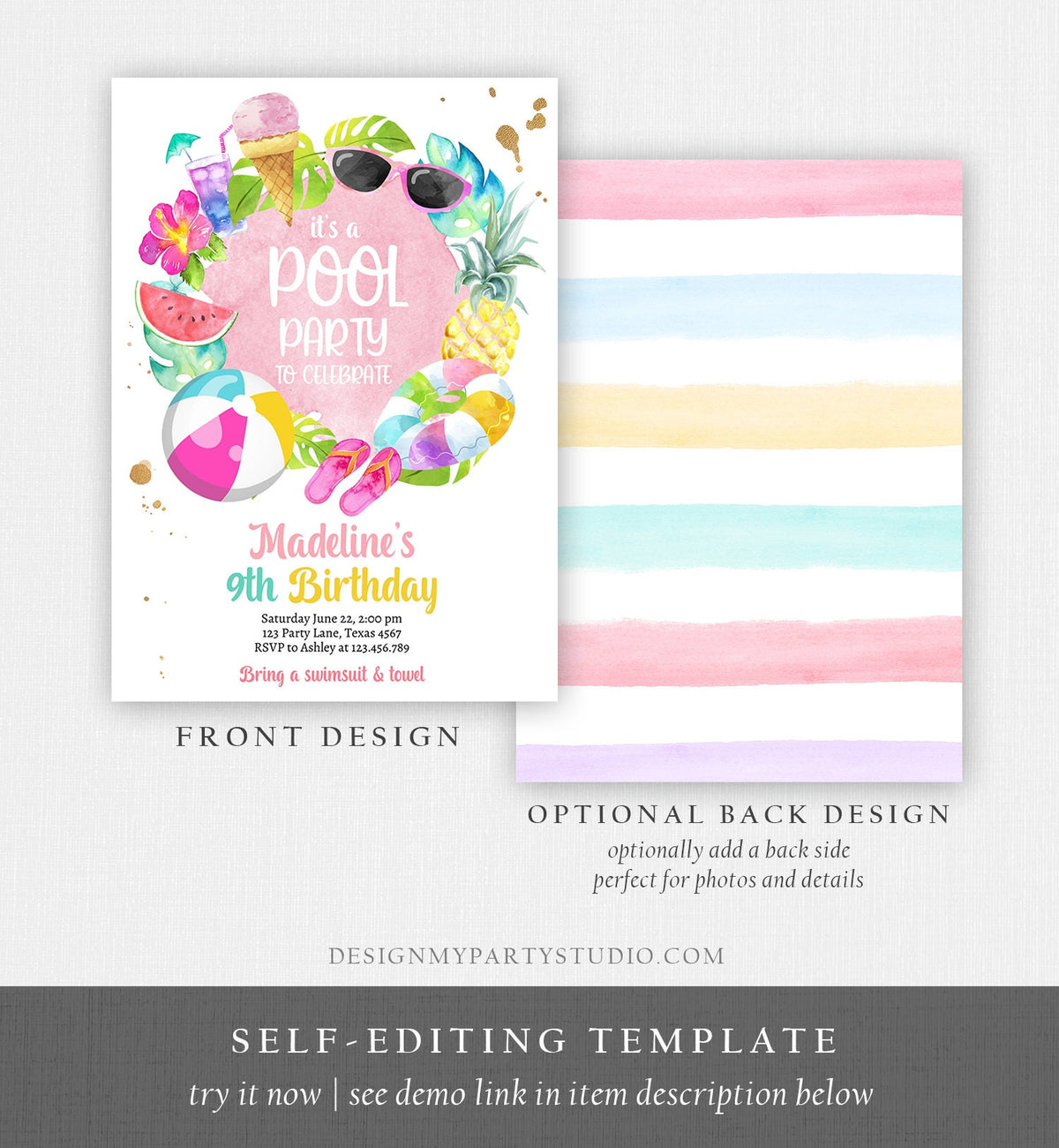 Editable Tropical Pool Party Birthday Invitation Splish Splash Birthday Bash Girl Pineapple Digital Download Template Printable 0414